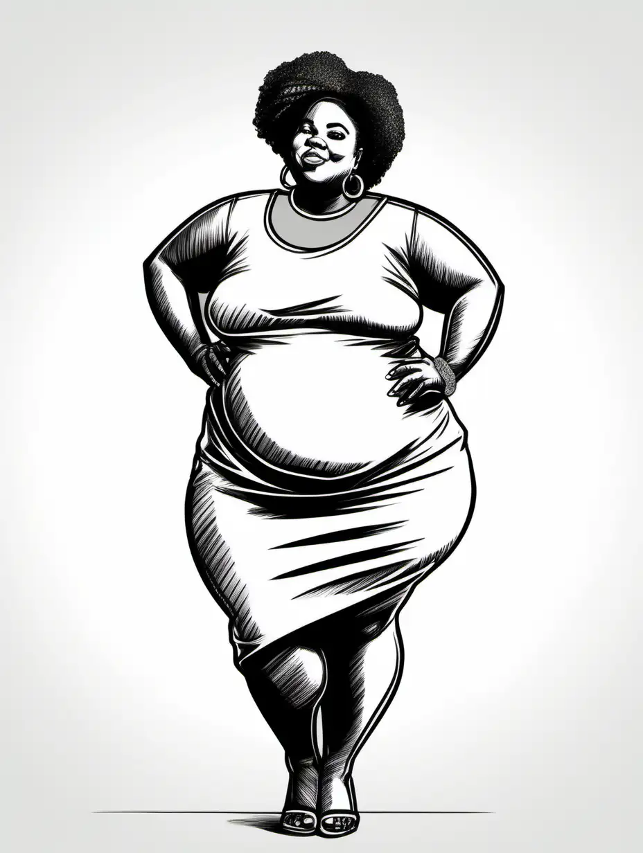line drawing of a chubby african american woman with her belly rolls hanging out. Big Butt. wearing a nice dress . posing
