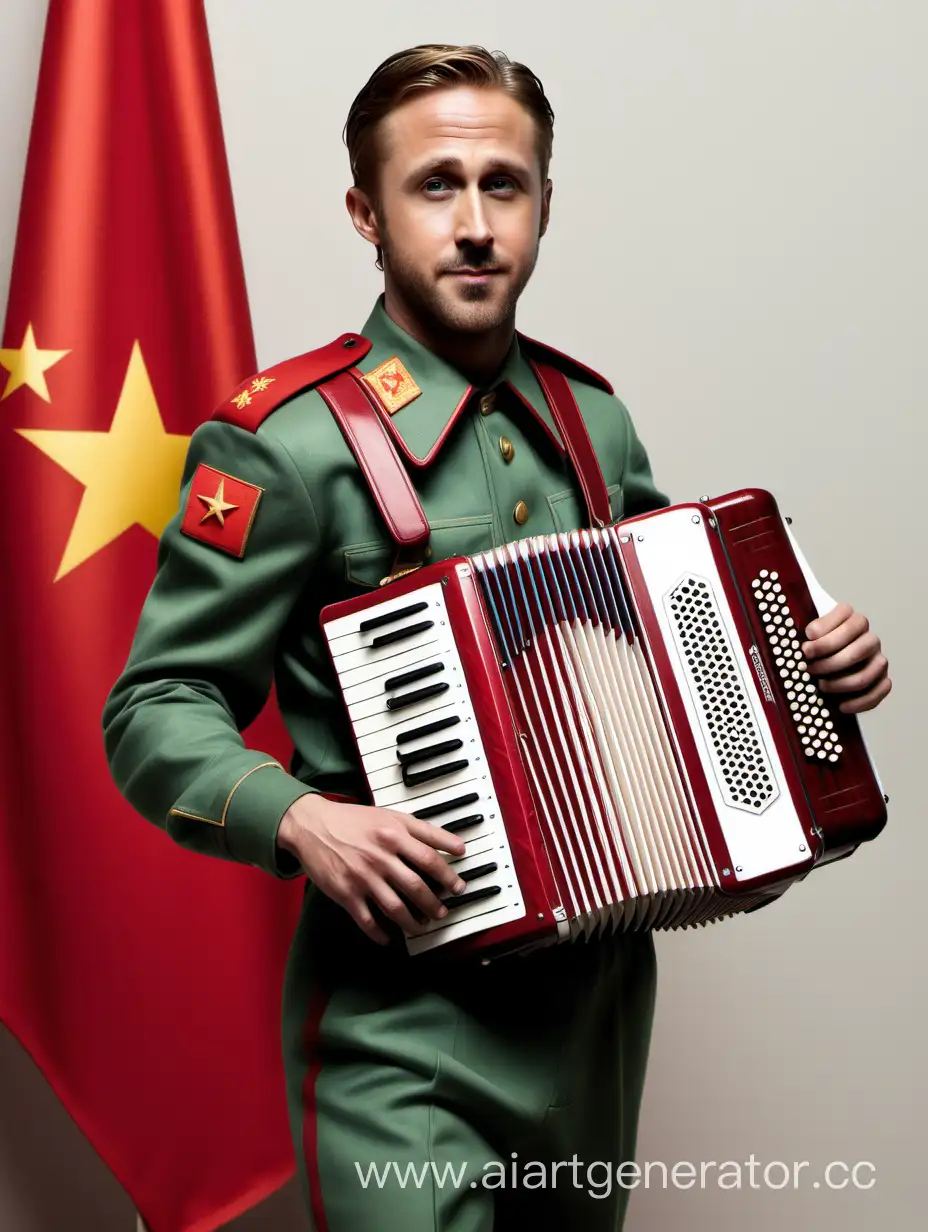 Ryan-Gosling-Playing-Accordion-in-Soviet-Uniform