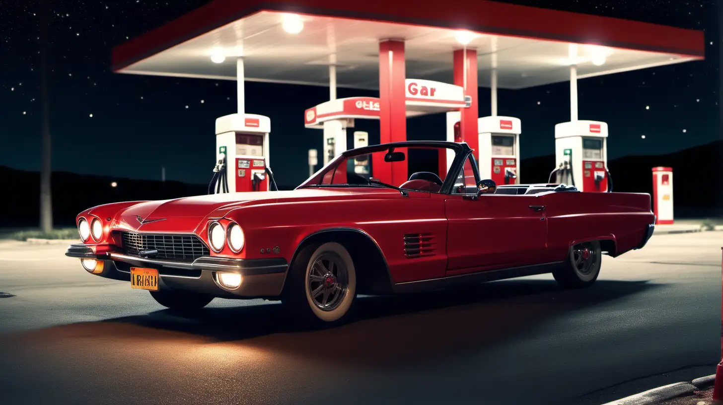 Generate an AI scene depicting a captivating moment as a red convertible car gracefully pulls into a gas station on a serene night, car headlights on. Provide visual details with a front view and a ground-level perspective, emphasizing the unique ambiance created by the combination of the woman, her convertible, and the quiet gas station surroundings.