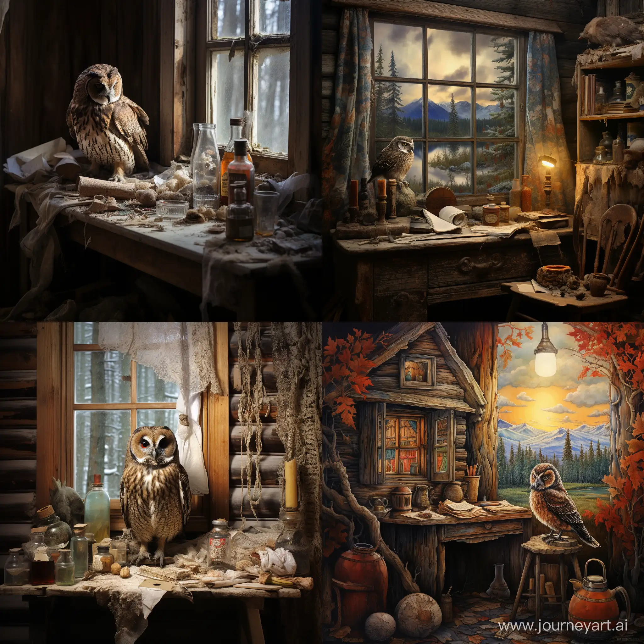 Subject: The action unfolds in a secluded Russian log cabin nestled within the taiga, adding an air of mystery and intrigue to the scene. The cabin serves as the primary setting, contributing to the clandestine atmosphere.  Background: Within the cabin, an owl perches on the windowsill, holding an envelope in its beak. The owl's presence adds an element of magic and mystique, suggesting a message being delivered. The choice of an owl as a messenger implies wisdom and secrecy, enhancing the overall narrative.  Items: A glass bottle of vodka labeled 'vodochka' on the table becomes a focal point, providing cultural context and hinting at a celebratory or significant moment. Additionally, a Japanese katana sword hanging on the wall introduces an unexpected element, sparking curiosity about its origin and connection to the story.  Style/Coloring: The image is rendered in a realistic style with a 4k resolution, ensuring clarity and detail. The winter landscape visible through the window, combined with the blizzard, emphasizes the harsh conditions outside, contrasting with the warmth and intrigue inside the cabin.  Action: The main action centers around the owl delivering a message, creating a dynamic focal point and suggesting a pivotal moment in the narrative. The inclusion of the vodka bottle and the katana sword adds layers to the story, leaving room for interpretation and engaging the viewer's imagination.