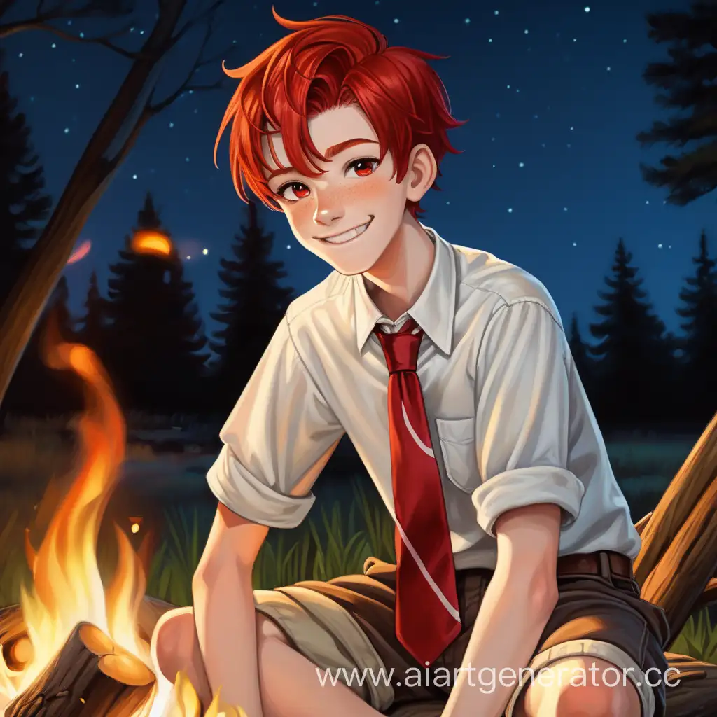 A 16-year-old boy with red hair, skinny in pioneer clothes: a red tie, shorts and a white shirt wearing a red tie, with red hair and brown eyes sits at night near a campfire and smiles