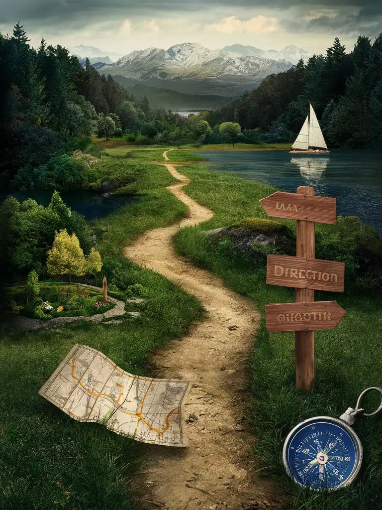 pathway winding to a distant mountain range in background at top of cover, forest, with a garden in foreground, with a lake, compass hidden in picture, sailboat on the lake, hidden map, a wooden direction sign next to path
