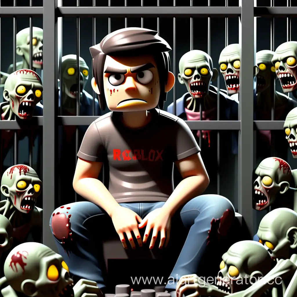 игра роблокс, в клетке сидит грустный человек, его охраняют много зомби