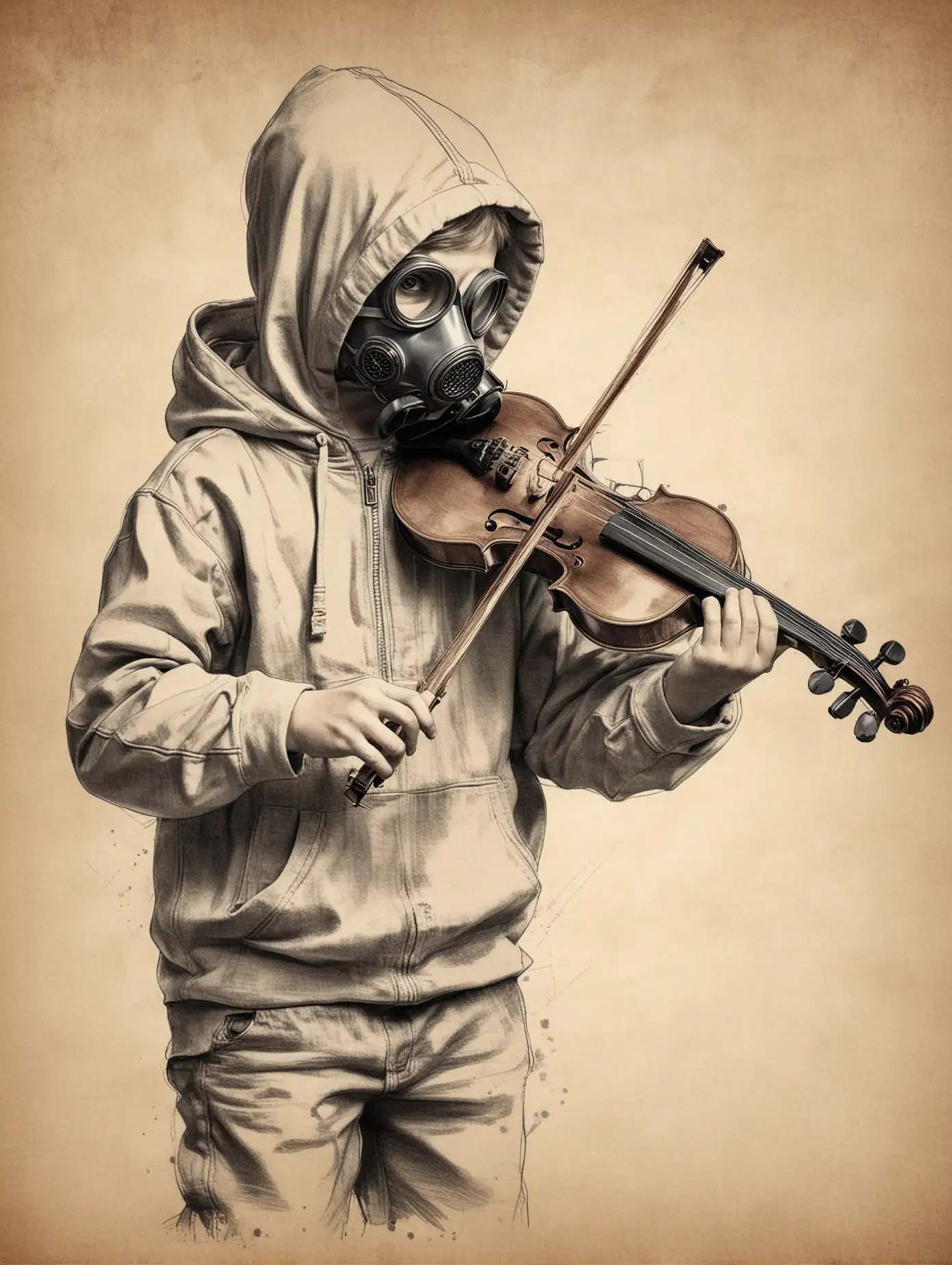 Little boy with Gas mask wearing hoodie and playing violin sketch 