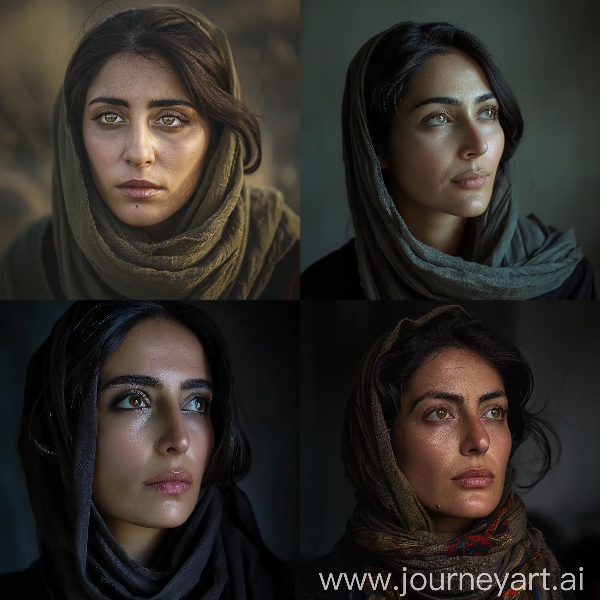 A real photo with natural light of an Iranian woman who is staring into the distance with strength in her eyes.