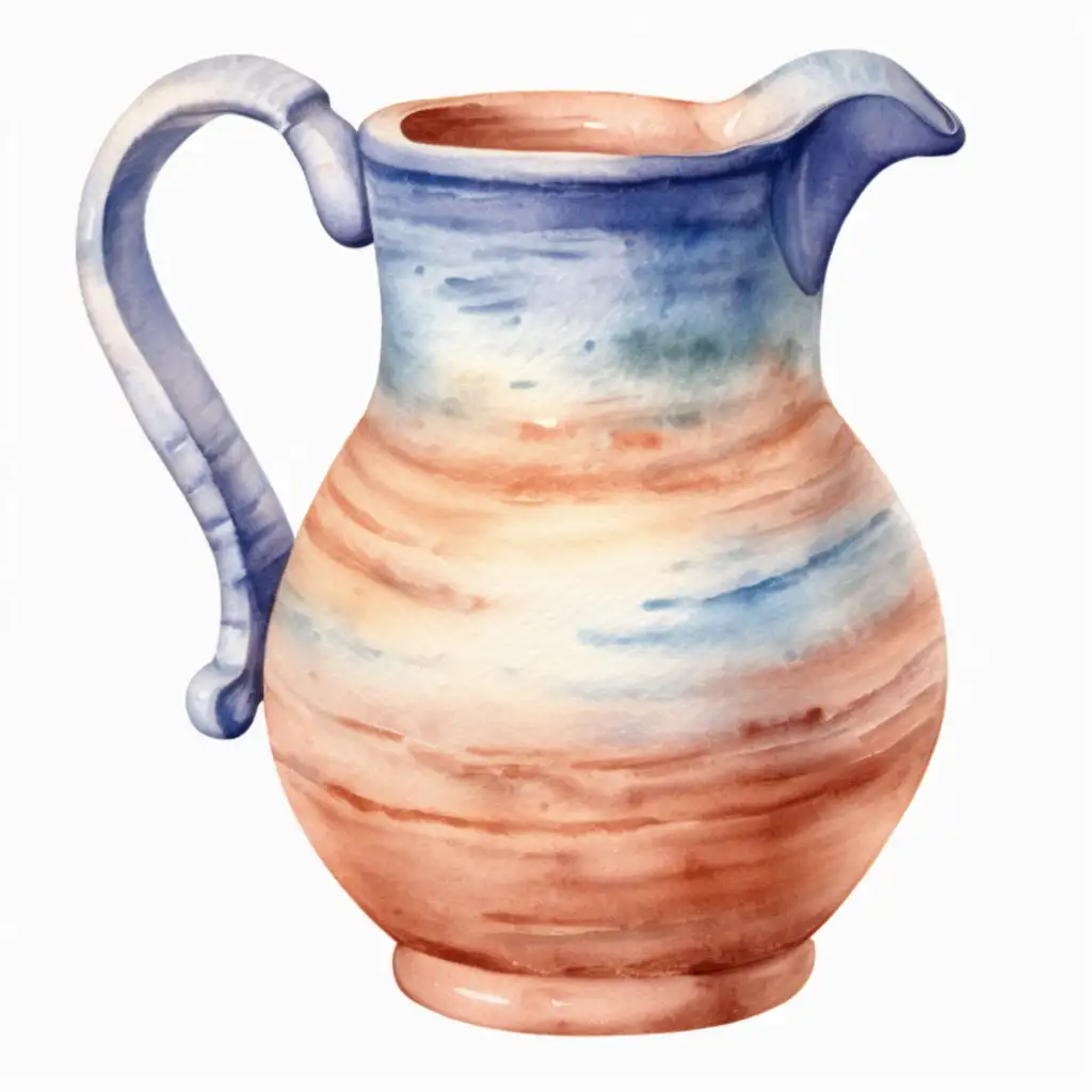 small clay water pitcher, watercolor drawing, no background
