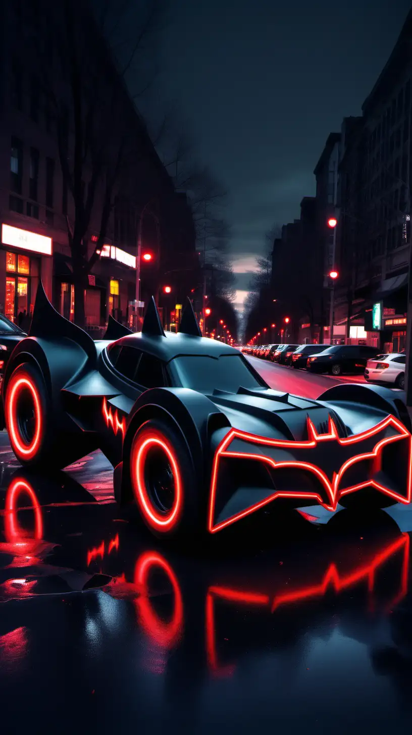 Batman Shaped Car. Black and Red. Glowing neon tires. in the Middle of the City at Dusk. very good.