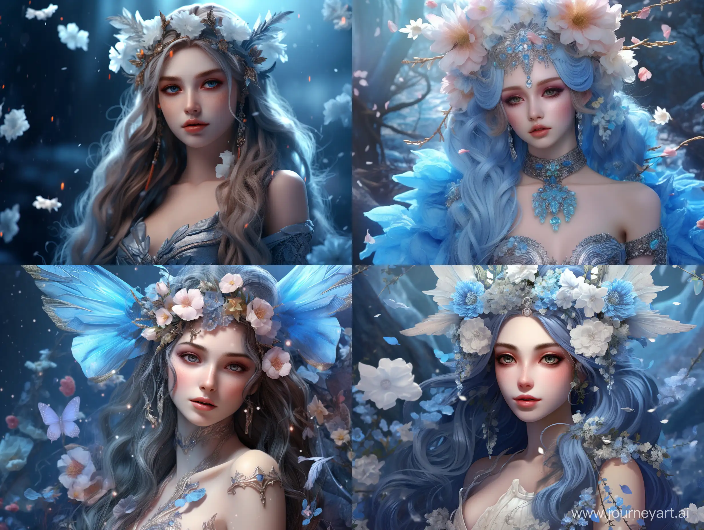 a close up of a woman with flowers on her head, trending on cg society, fantasy art, blue elf, 8 k highly detailed art, beautiful flowers and crystals, beautiful detailed miniature, little elf girl, intricate wlop, beautiful detailed body and face, lori earley, fantasy outfit, beautiful render of a fairytale