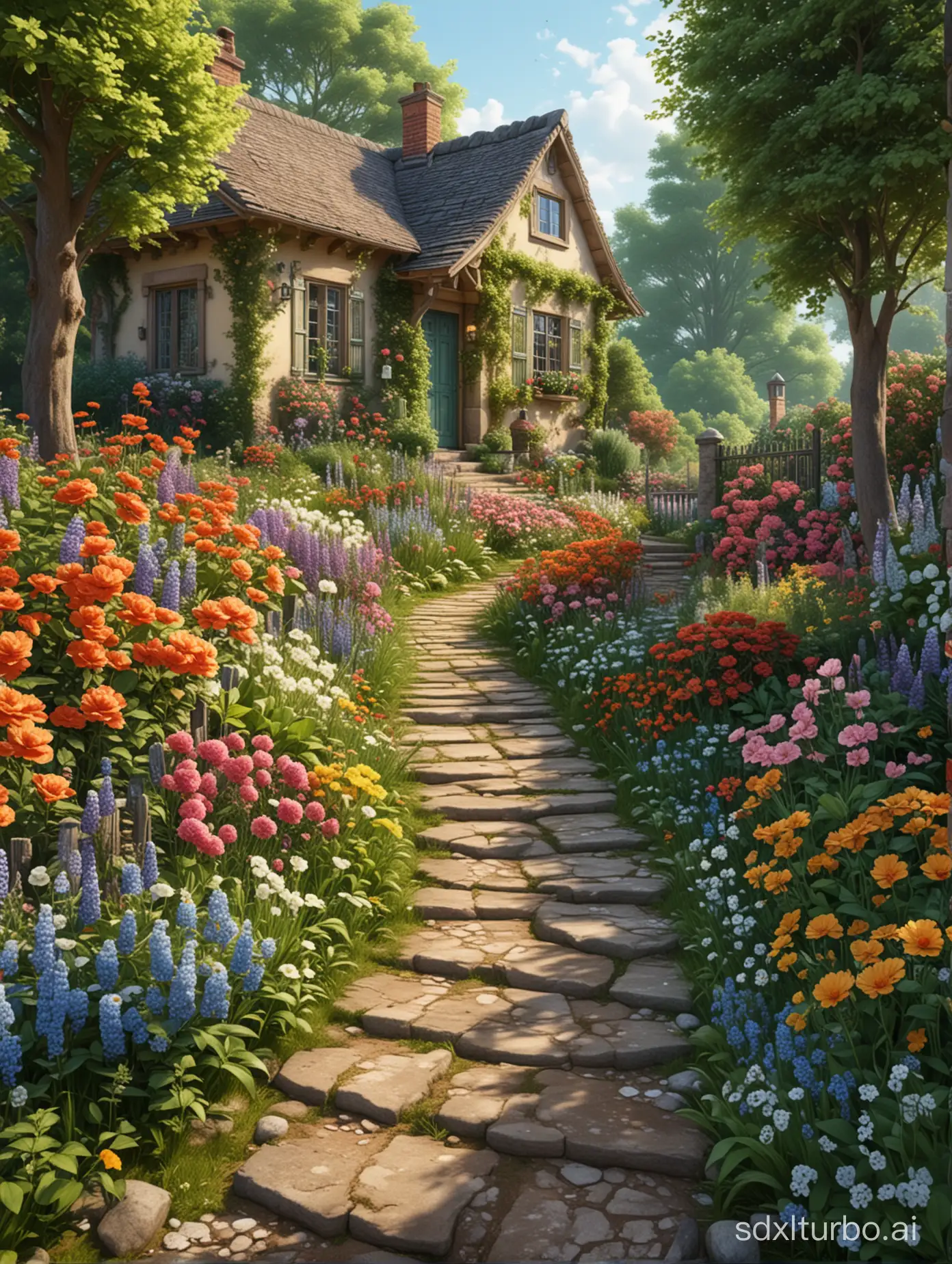 (Photorealsitic), A detailed botanical garden:1.5, Best Quality, masterpiecel1.4), (Realistic, Photorealistic:1.37) Photo of a garden house with flowers and paths, rich picturesque colors, Flower Cottage, Full of color and rich details, beautiful house on a forest path, idyllic cottage, beautiful art uhd 4 k, blossoming path to heaven, scenery art detailed, a beautiful artwork illustration, landscape artwork, detailed painting 4 k