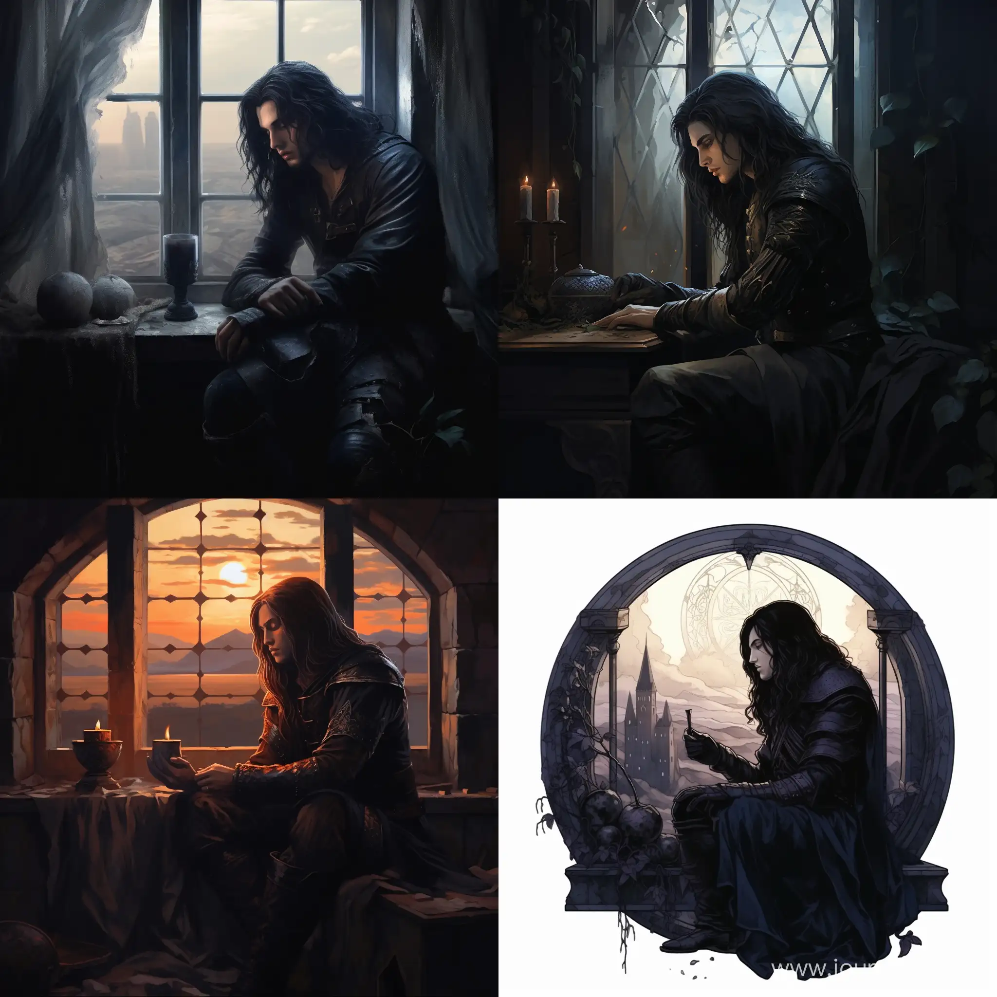 тёмный длинноволосый рыцарь сидит в башне возле окна и задумчиво смотрит на волшебный камень в руках, мрачный контрастный стиль