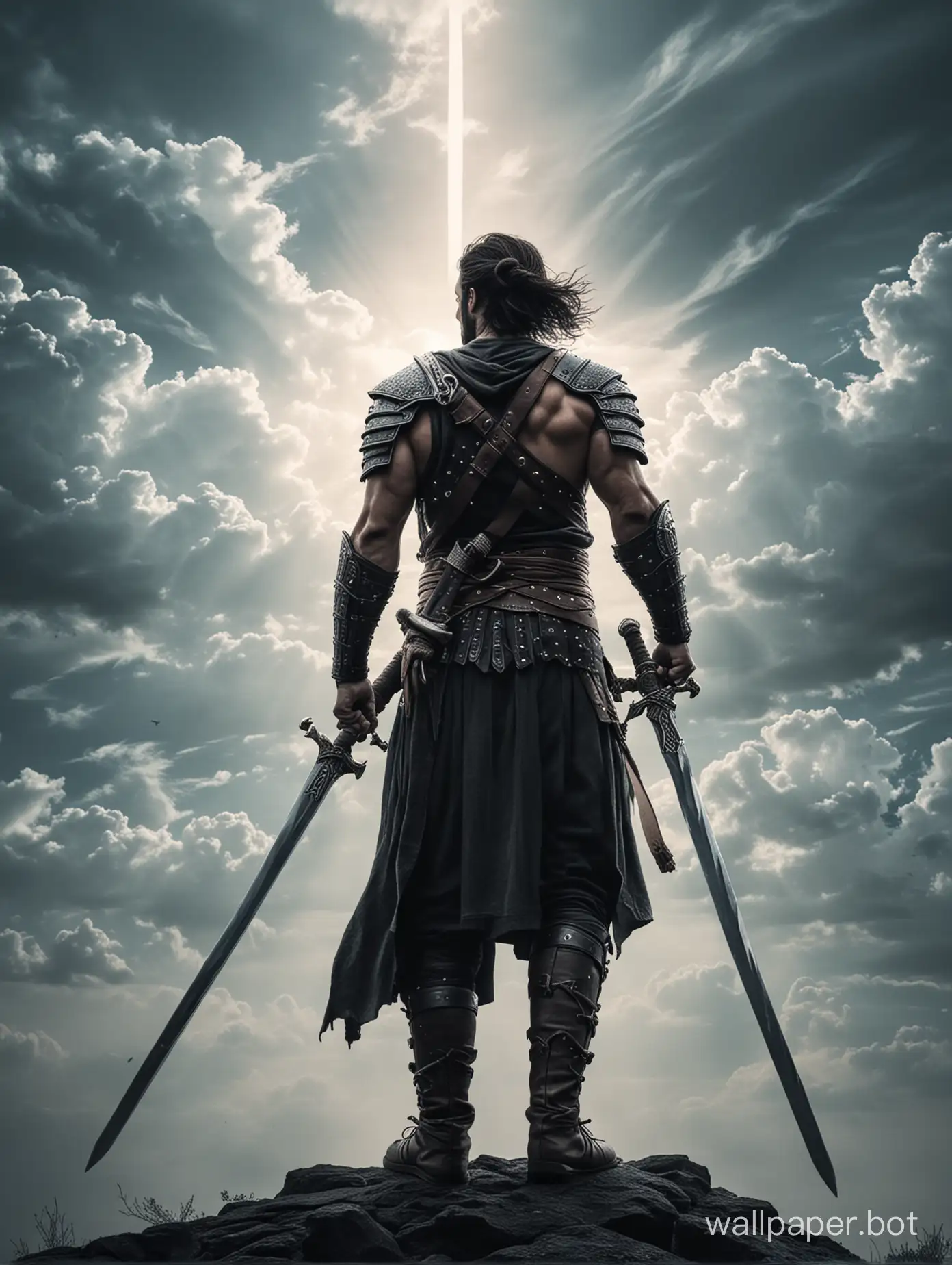A warrior holding two swords and shouing while looking towards sky
