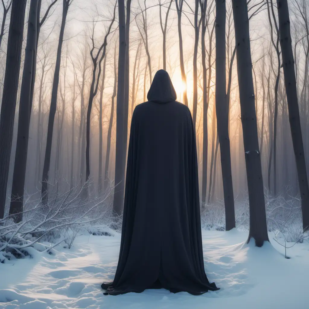 Cloaked male figure standing in winter forest, morning sunrise in background