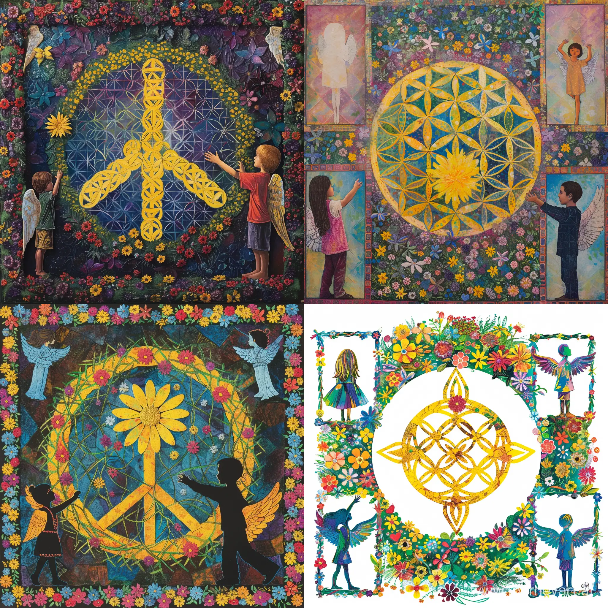 A symbol of peace, colorful and alive, interwoven with flowers all around the circle. On the sides of the circle, within frames, to the right and left, a boy and a girl standing in profile appear as little angels, reaching towards the center where the yellow flower of life blooms