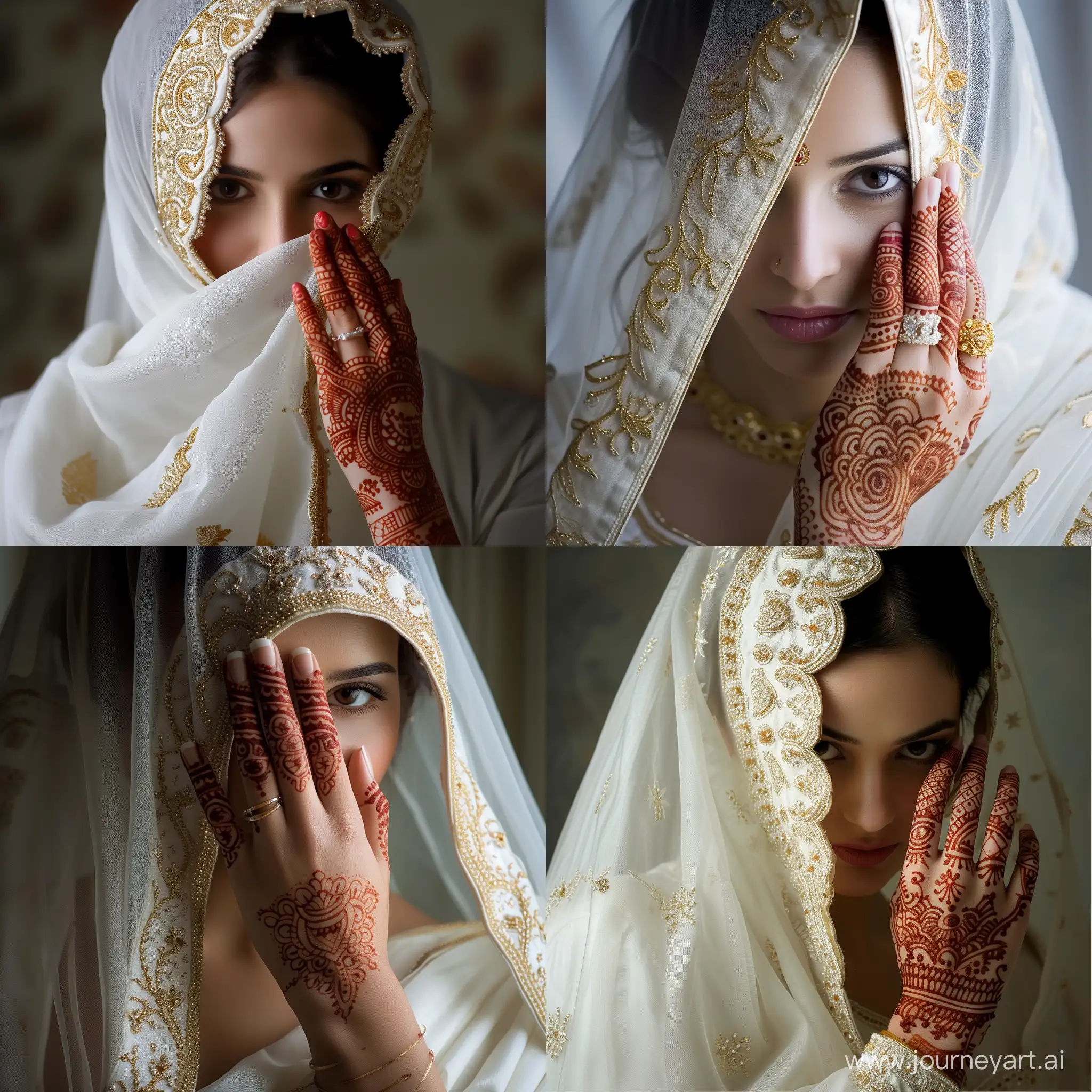 Elegant-Indian-Bride-in-GoldenEmbroidered-White-Saree-with-Henna-Patterns