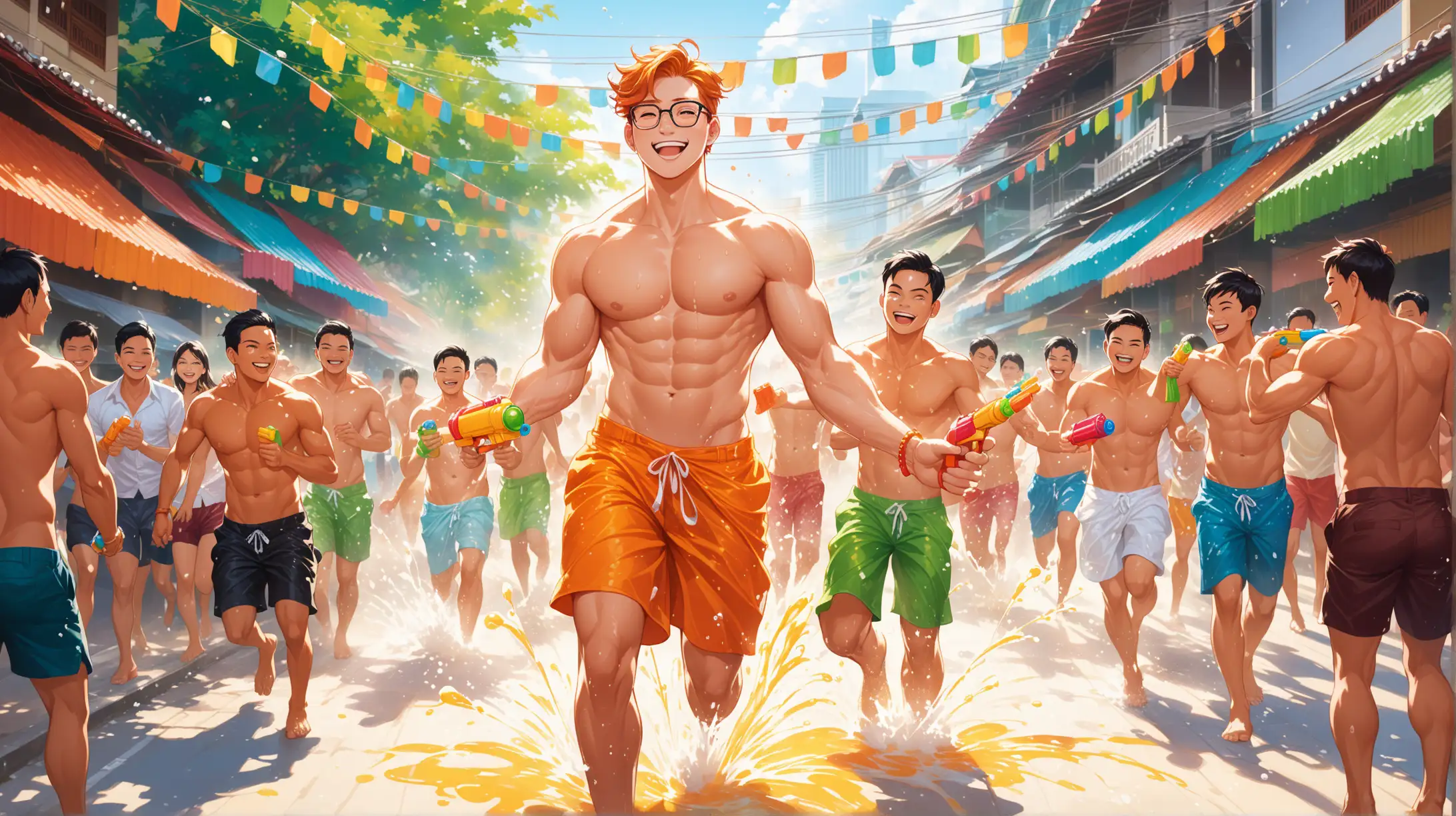 AI Drawing Prompt:
"Amidst the vibrant festivities of the Songkran festival in Bangkok, Laurence, a charismatic tanned ginger shirtless hunk sporting glasses, finds himself immersed in the spirited water fights that characterize the celebration. With a water pistol firmly gripped in his hands, he exudes an aura of playful confidence as he navigates through the bustling streets.

Laurence's short, dampened hair adds to his carefree appearance, while his shirtless, chiseled physique glistens under the warm sunlight. His muscular frame is on full display, drawing admiring glances from the hot gay men around him who are also engaged in the lively water fights.

As streams of water crisscross through the air, laughter fills the streets, creating an atmosphere of joy and camaraderie. Laurence's infectious smile reflects the sheer delight of the moment as he joins in the spirited exchanges, dodging and weaving amidst the playful chaos.

In the background, the vibrant colors and bustling energy of Bangkok's streets provide a dynamic backdrop to the scene, with traditional Thai architecture adding to the festive ambiance. Palm trees sway gently in the breeze, casting dappled shadows on the pavement as the festivities continue into the day.

Overall, the illustration captures the exuberance and sense of community that defines the Songkran festival, with Laurence at the heart of the action, fully embracing the joyous spirit of the celebration alongside his fellow hot gay men."