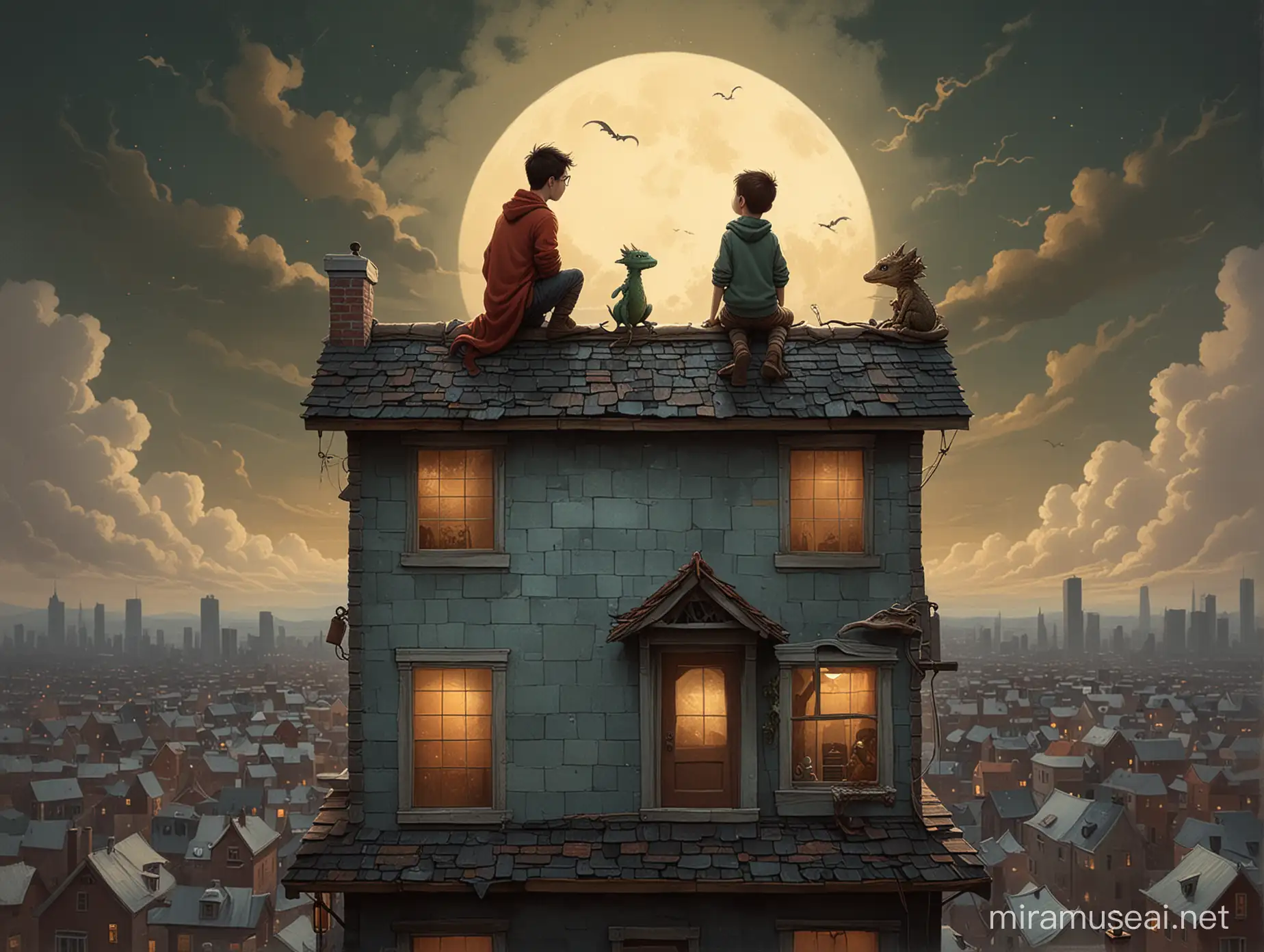 boy and little dragon on the roof of a house in a modern city, style by Andy Kehoe