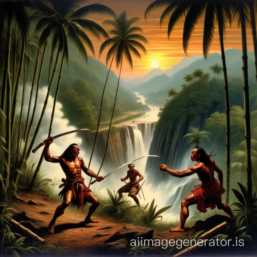A fight duel scene between Chingachgook and Magua from The Last of the Mohicans on the hill, 18th century Dutch East Indies Indonesia Java Island tropical landscape scene palm trees banana trees bamboo trees river waterfall rice field nightfall sunset dramatic atmosphere