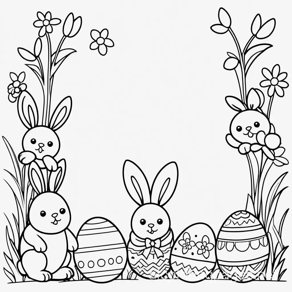 Happy Easter , Coloring Page, black and white, line art, white background, Simplicity, Ample White Space. The background of the coloring page is plain white to make it easy for young children to color within the lines. The outlines of all the subjects are easy to distinguish, making it simple for kids to color without too much difficulty