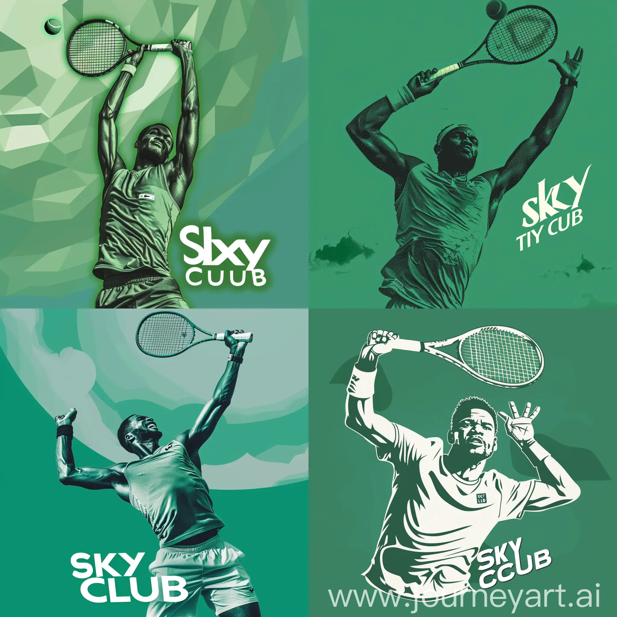 Create a green based logo for Sky Tennis Club showing a male African tennis player hitting an overhead shot