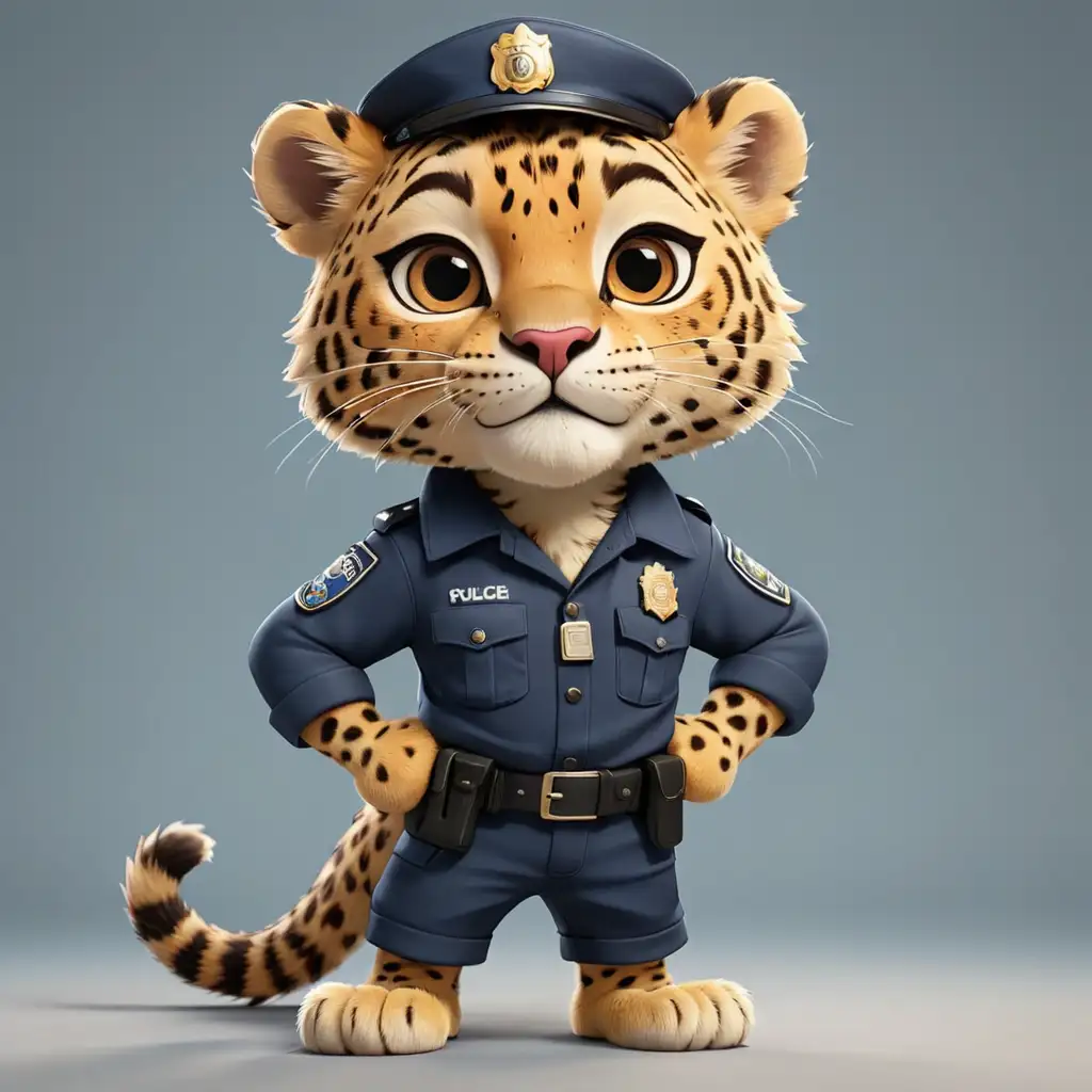 a cute fun Leopard  in cartoon style in full body in Police clothes with clear background