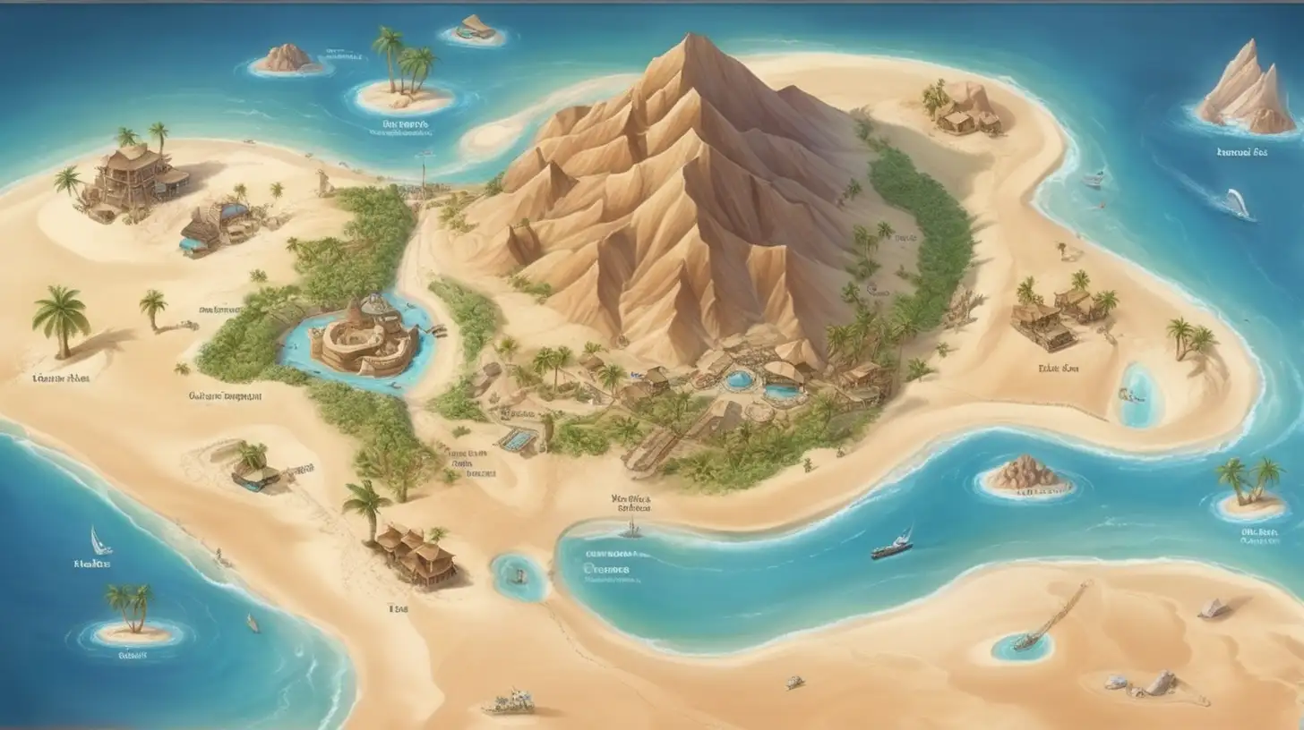 a desert island map surrounded by sea that has a huge mountain at the north side of the island, desert has a few oasises