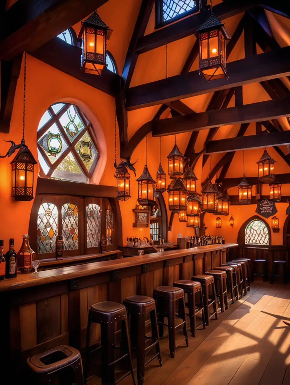 ren faire themed bar named the lonely dragon tavern with iron windowed lanterns lighting everything in a warm orang glow