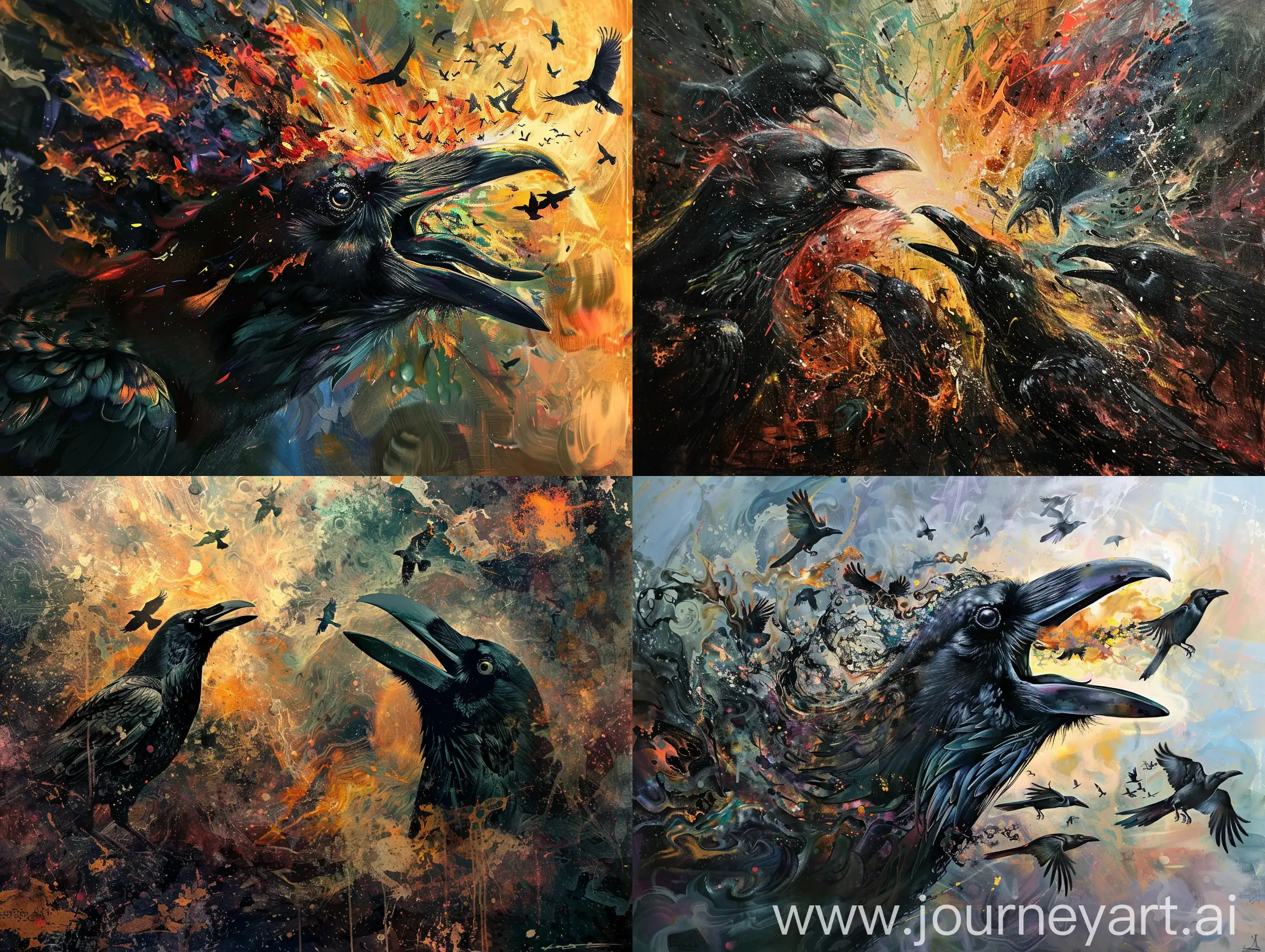 my mind is on drugs and exploding into a tapestry of monstrous ravens. in the style of vividly emotional impactful art, dark expressionism and dark impressionistic artwork