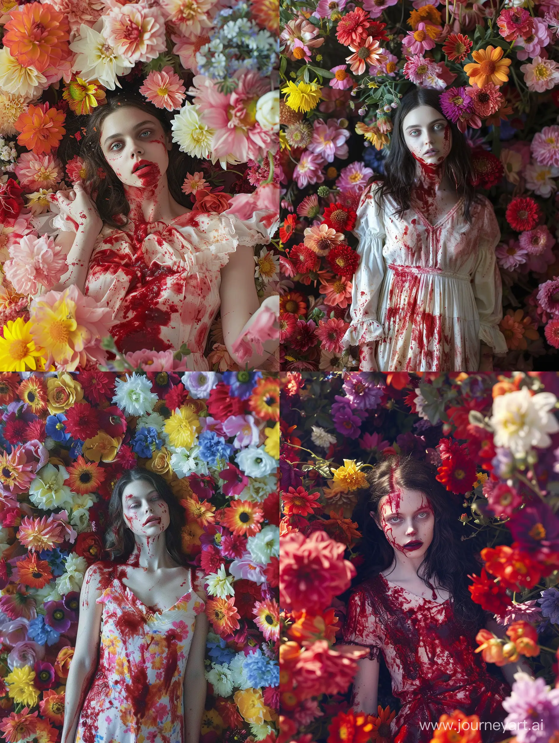 A mesmerizing eerie photo captures a beautiful young woman in her 20s with a  blank stare and completely covered in blood from head to toe, standing amidst a kaleidoscope of vibrant flowers, embodying the clash between her desire for beauty and the oppressive belief that vanity is sinful, horror core, dark aesthetic, Tom bagshaw, Miles Aldridge, James bidgood, dark horror