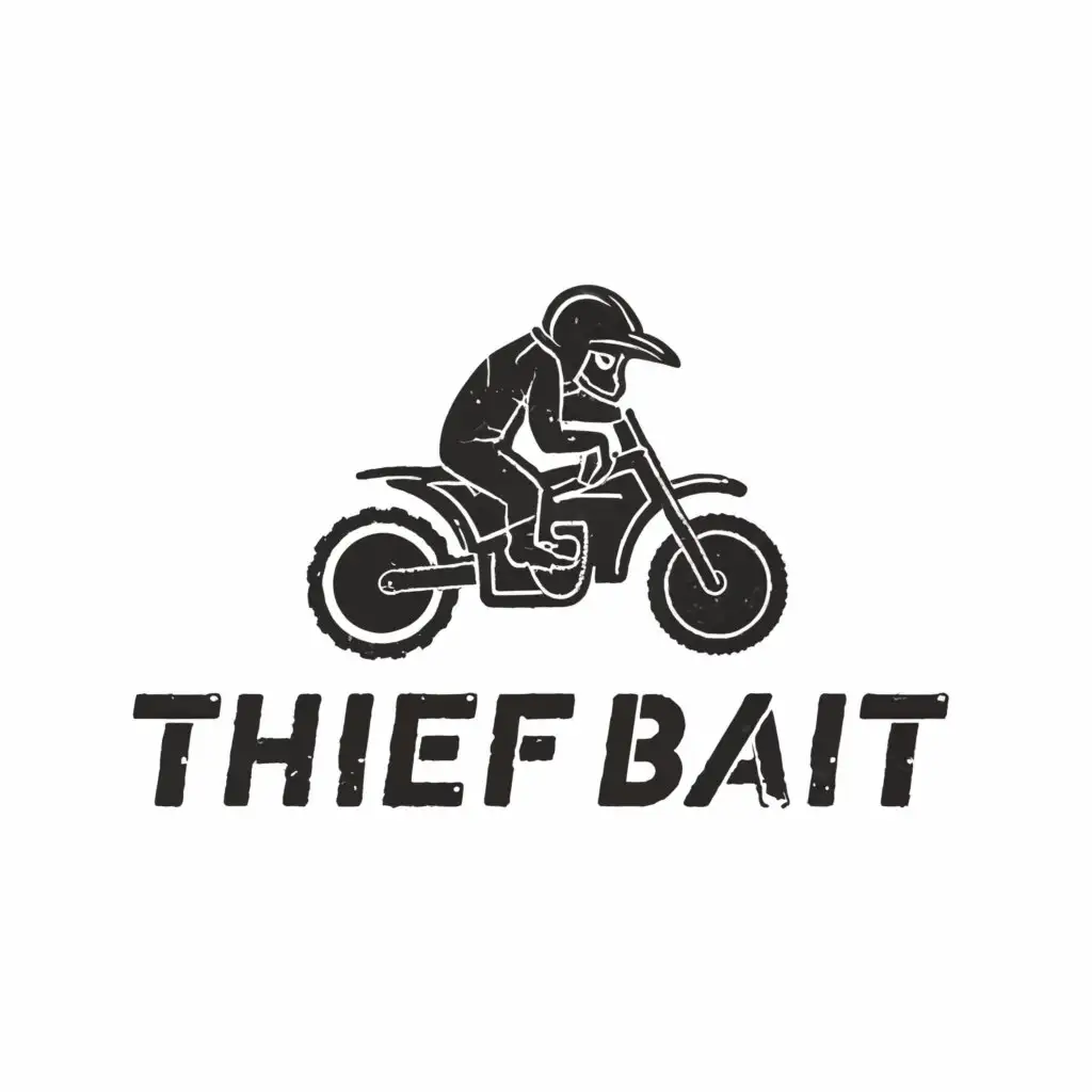 a logo design,with the text "ThiefBait", main symbol:Dirt Bike with a thief cautiously approaching, acting scared and timid. Wants to steal it, but is hesitant,Minimalistic,be used in Sports Fitness industry,clear background