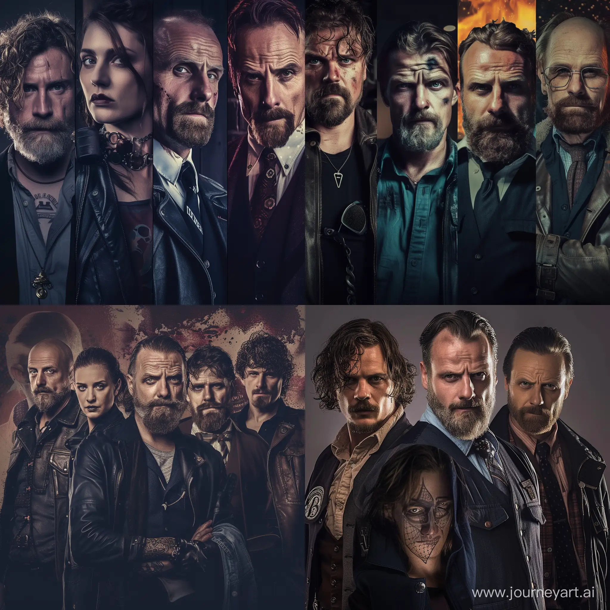 create a wallpaper of main character of the sons of anarchy, walking dead, peaky blinders, breaking bad main actors standing next each other each series with its own theme don't mix