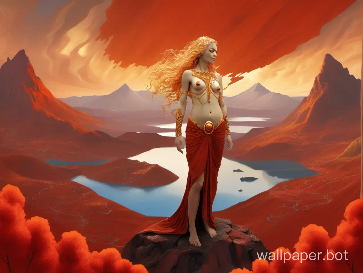 The goddess of Mars, a girl naked in full growth adorned with jewels and golden hair, stands on the slope of a mountain. Below, red fields and orange forests surround a lake, with mountains rising in the distance.