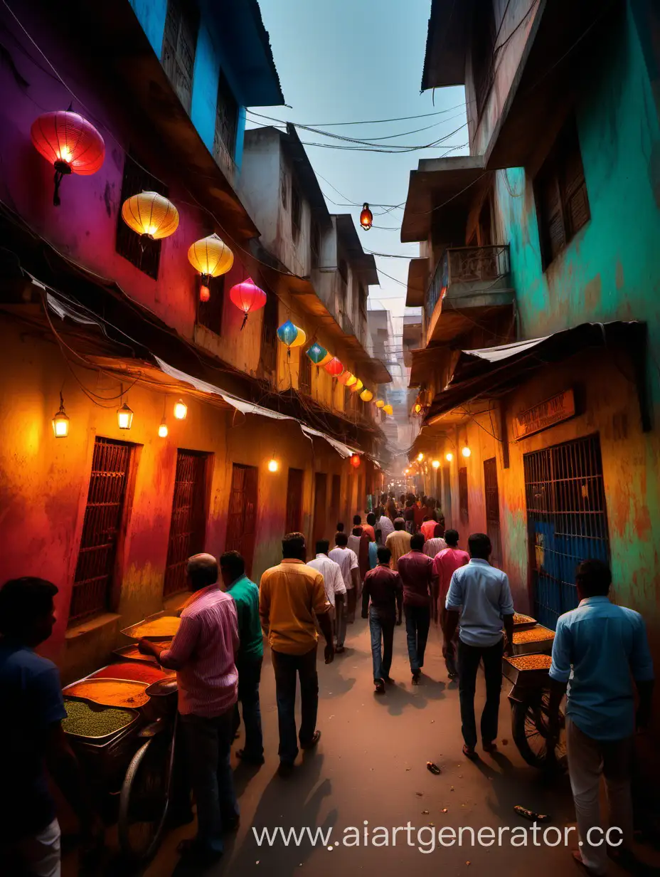 Ghetto streets, narrow and crowded with people, Indian buildings with bright colors and colorful details, lighted lanterns, smells of spices in the air.