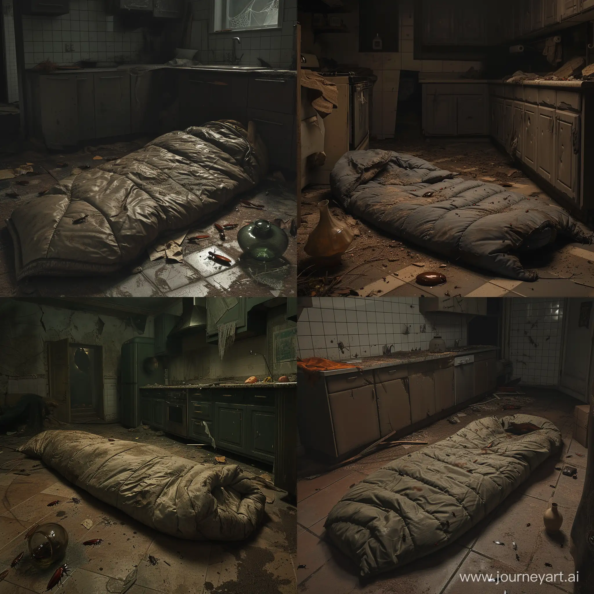 A beat-up sleeping bag laying on the floor in the very dark and messy kitchen. It is night. There is no light at all in the room. There are a few cockroaches and other insects running near the sleeping bag. There is a broken vase near the sleeping bag. The room looks like location from "Silent Hill" videogame