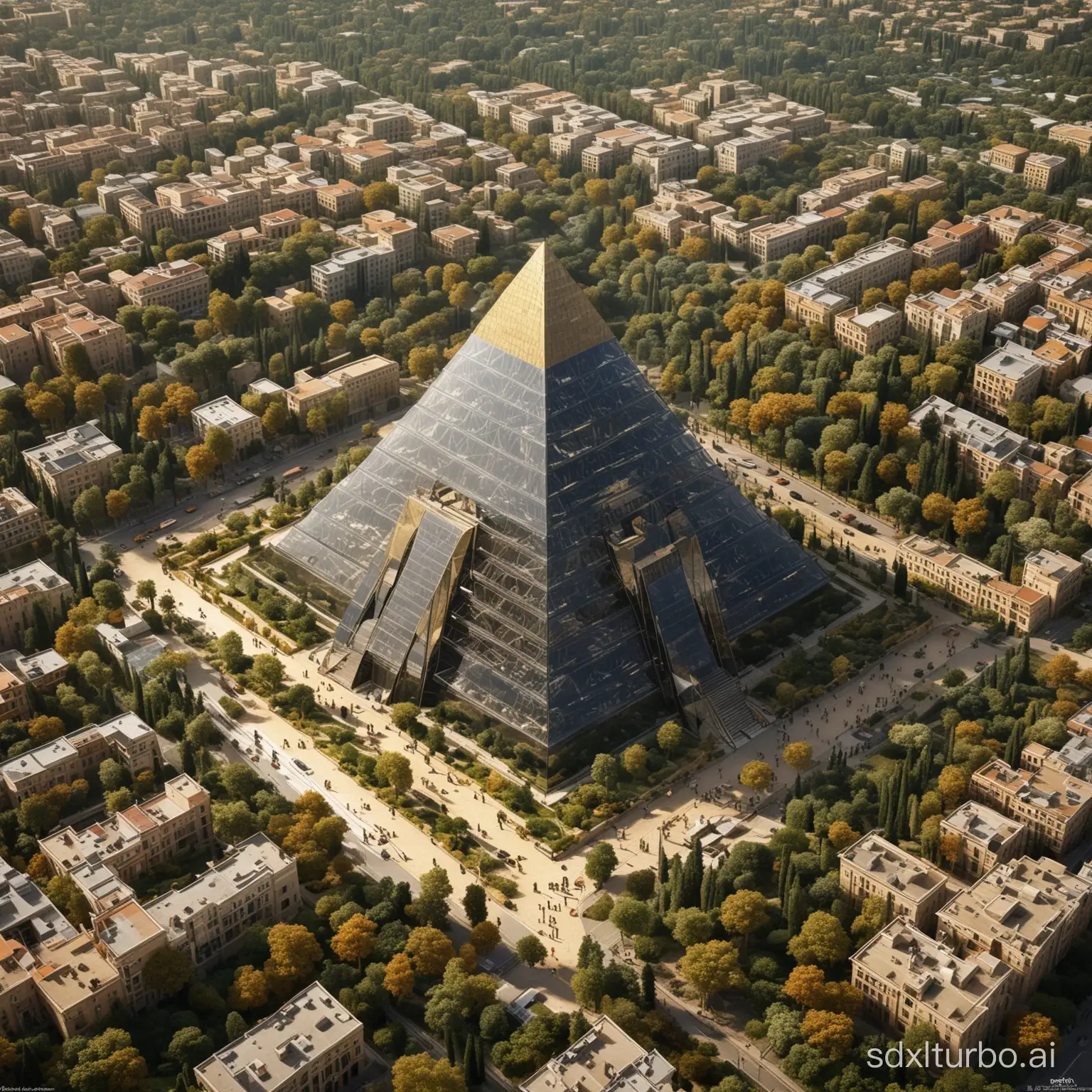Giant, pyramidal and futuristic architecture, with pyramid-cathedral-castle futuristic and colossae, t pyramidal, aesthetic, colored, of two hundred floors and fifteen hundred meters high, in the shape of a cathedral, in glass and plastic, golden and black, with gardens and vegetation, hyper photorealistic ! ! Very photorealistic !