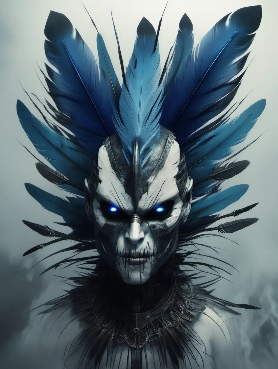 Human face, body of a bird, grey black and blue feathers, sharp teeth, dark fantasy, evil