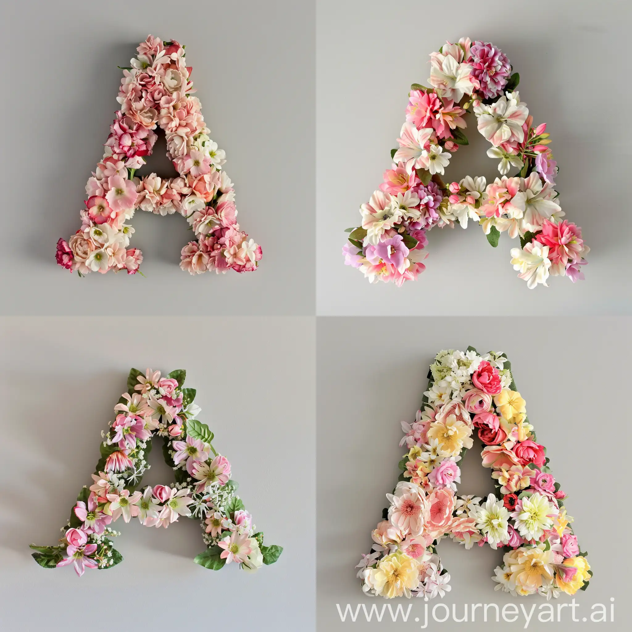 A floral letter “A” crafted with spring flowers --v 6 --ar 1:1 --no 10628