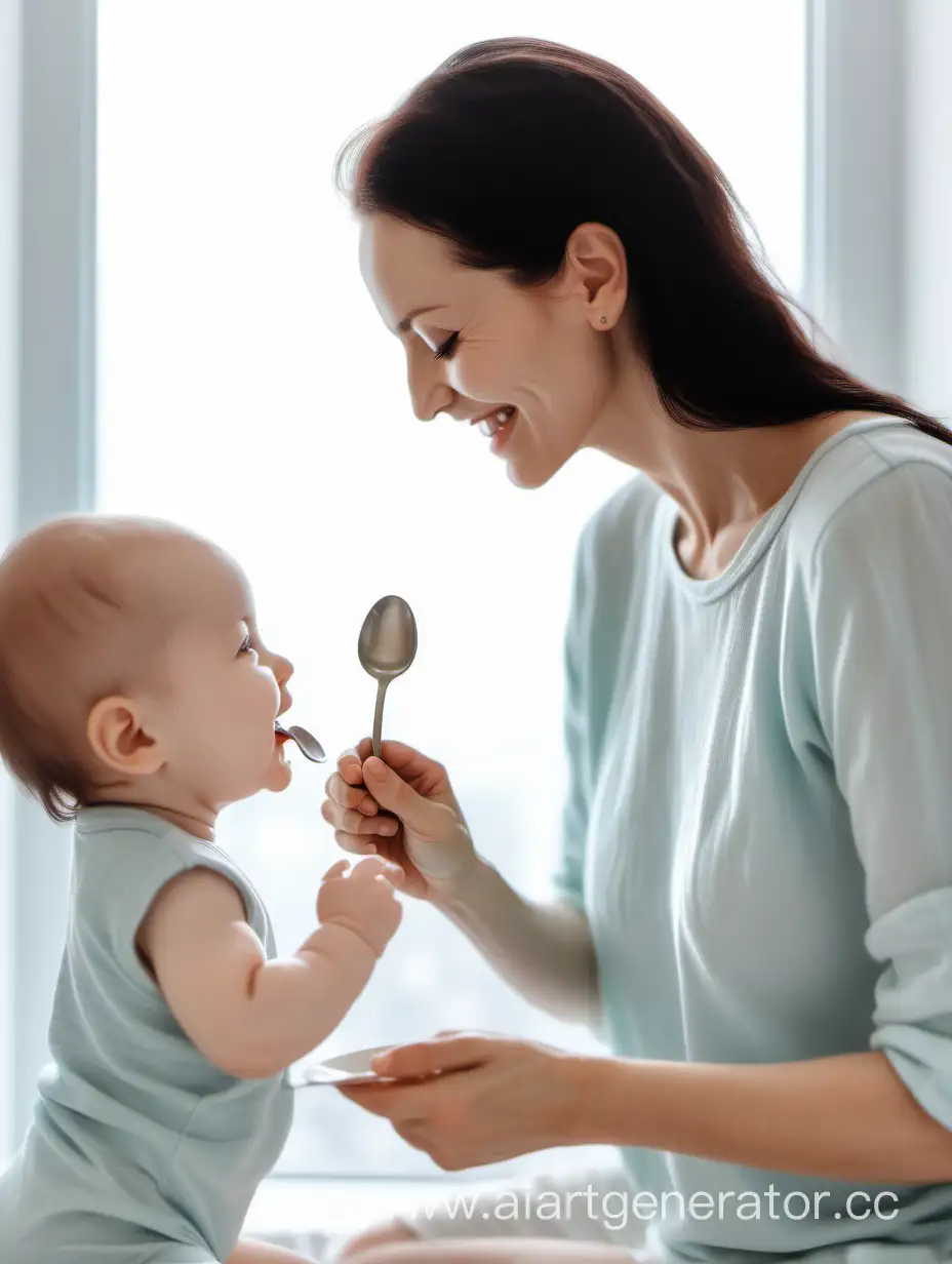 Mother-Smiling-as-She-Feeds-Baby-in-Bright-Room