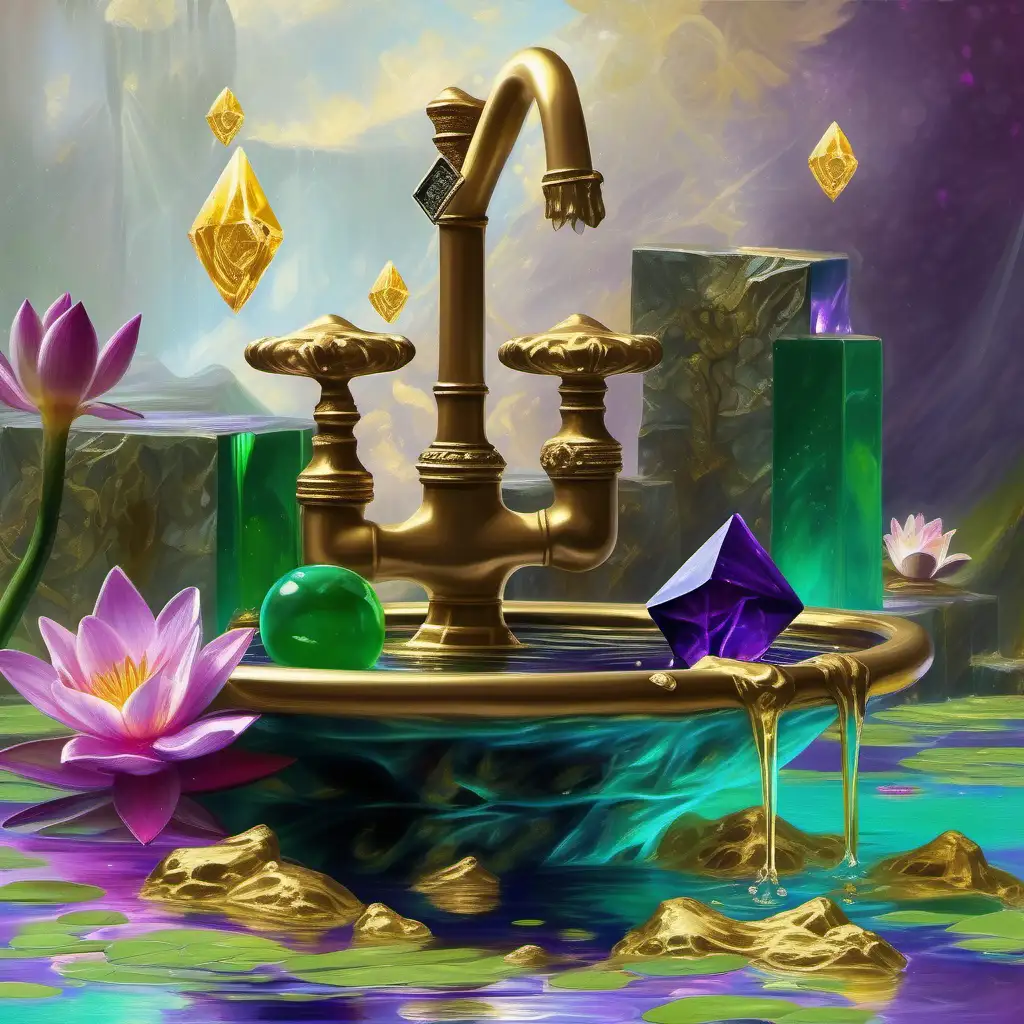 Renaissance masterpiece painting, simple balanced, with 2 billionaire frog swimming in the pond sink. fountain of youth, dripping gold liquid abundance. Gold B coin. Crystal soap cube on the side with green neon purple soap. cubes, purple perfect crystal cubes, crystal lily pads, and lotus flowers and flower cubes. Sunny love rays sacred geometry glares