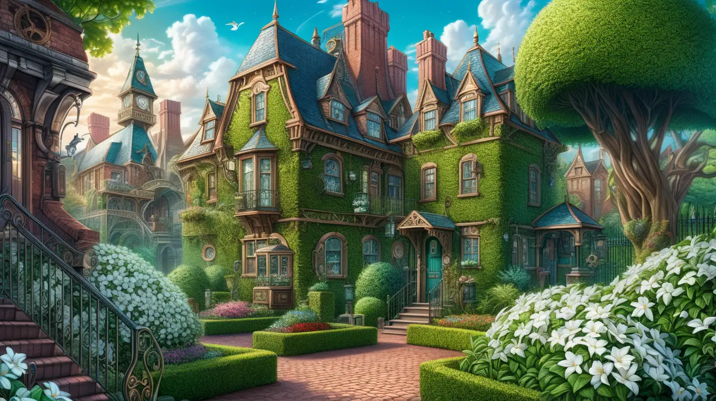 the backyard with a garden full of green hedges, trees, a garden of beautiful white flowers of a small home, surrounded by tall  dystopian Victorian buildings, in steampunk style, ultra hd, cartoon anime, vivid colors, highly detailed, perfect composition, beautiful detailed intricate insanely detailed  perfect light
