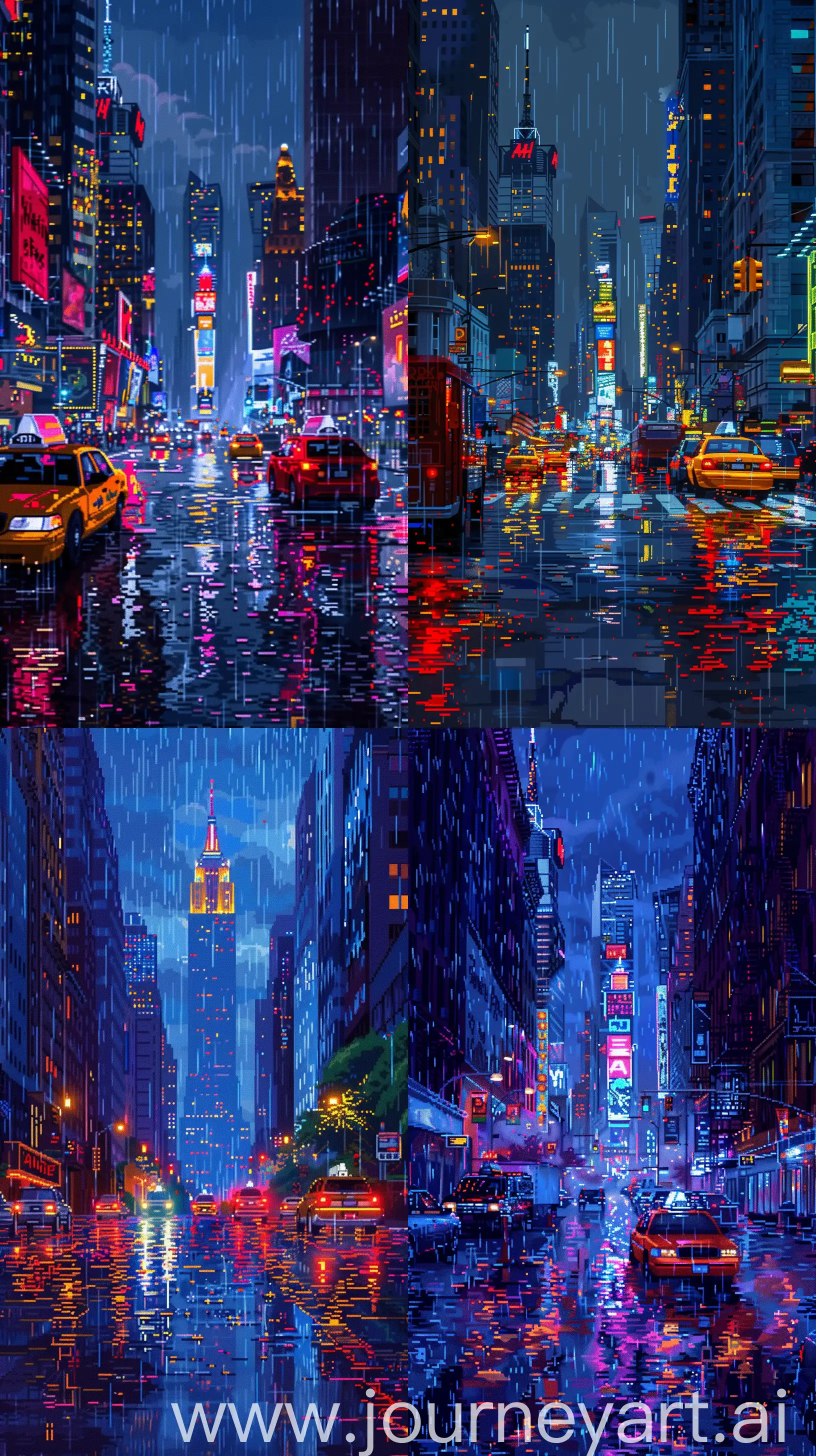 A Street in New York City Viwe in 16-bit Pixel Art Style, Rainy Night, Natural Color Details, No Bold Details --s 300 --ar 9:16