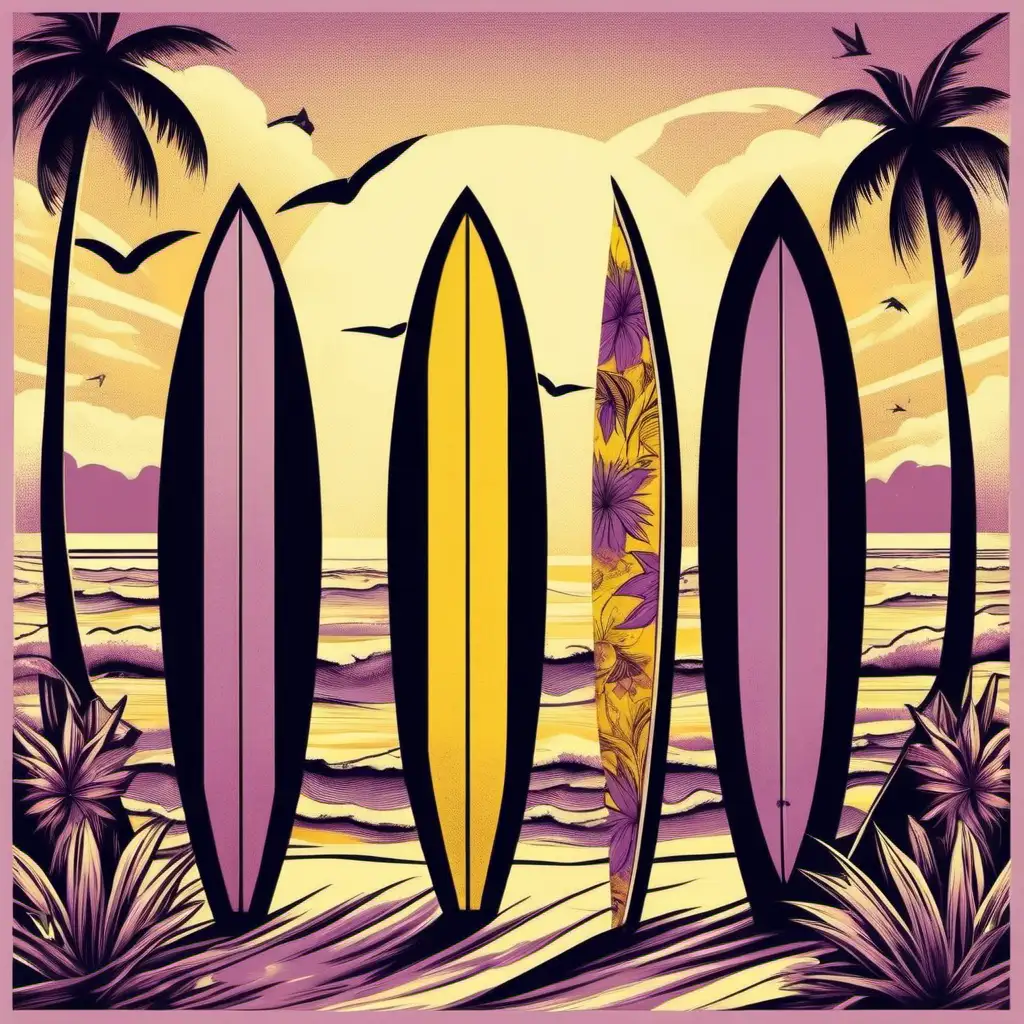 Surf boards at beach, in the style of vintage poster design, dreamlike naturaleza, flat form, floralpunk, light  purple and dark yellow 