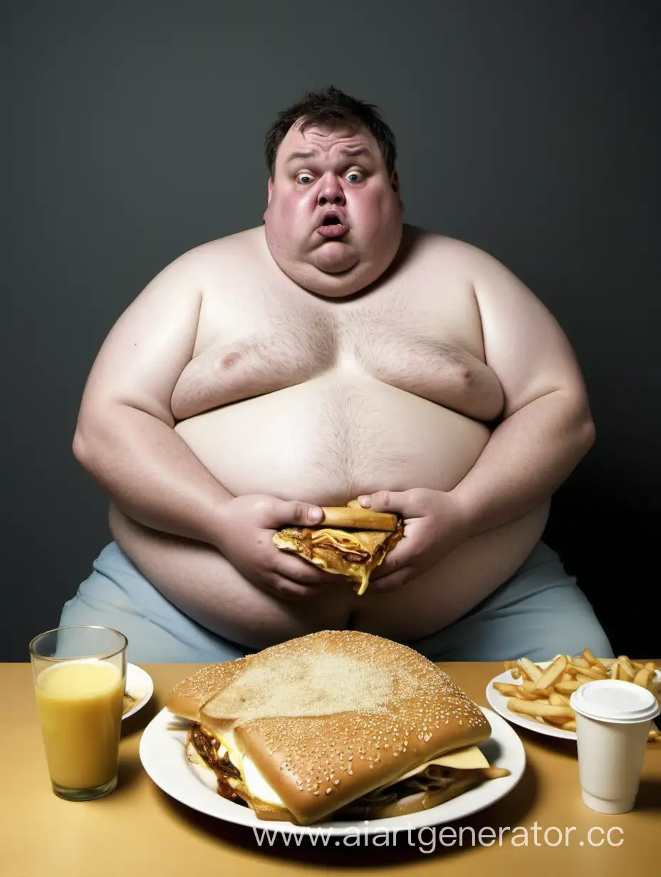 Very fat sad guy overeating