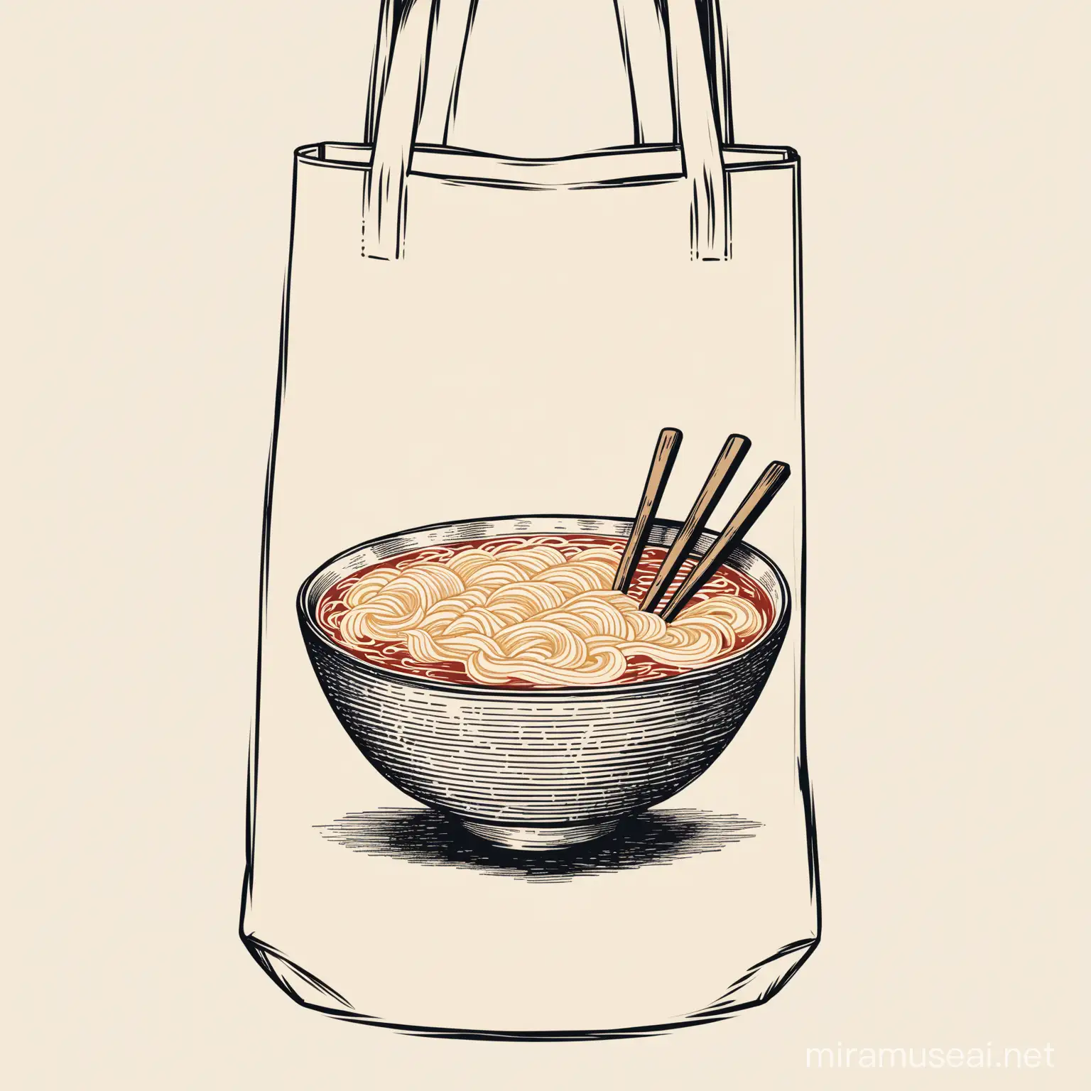 drawings of bowls of ramen printed on a natural cotton bag in a single colour