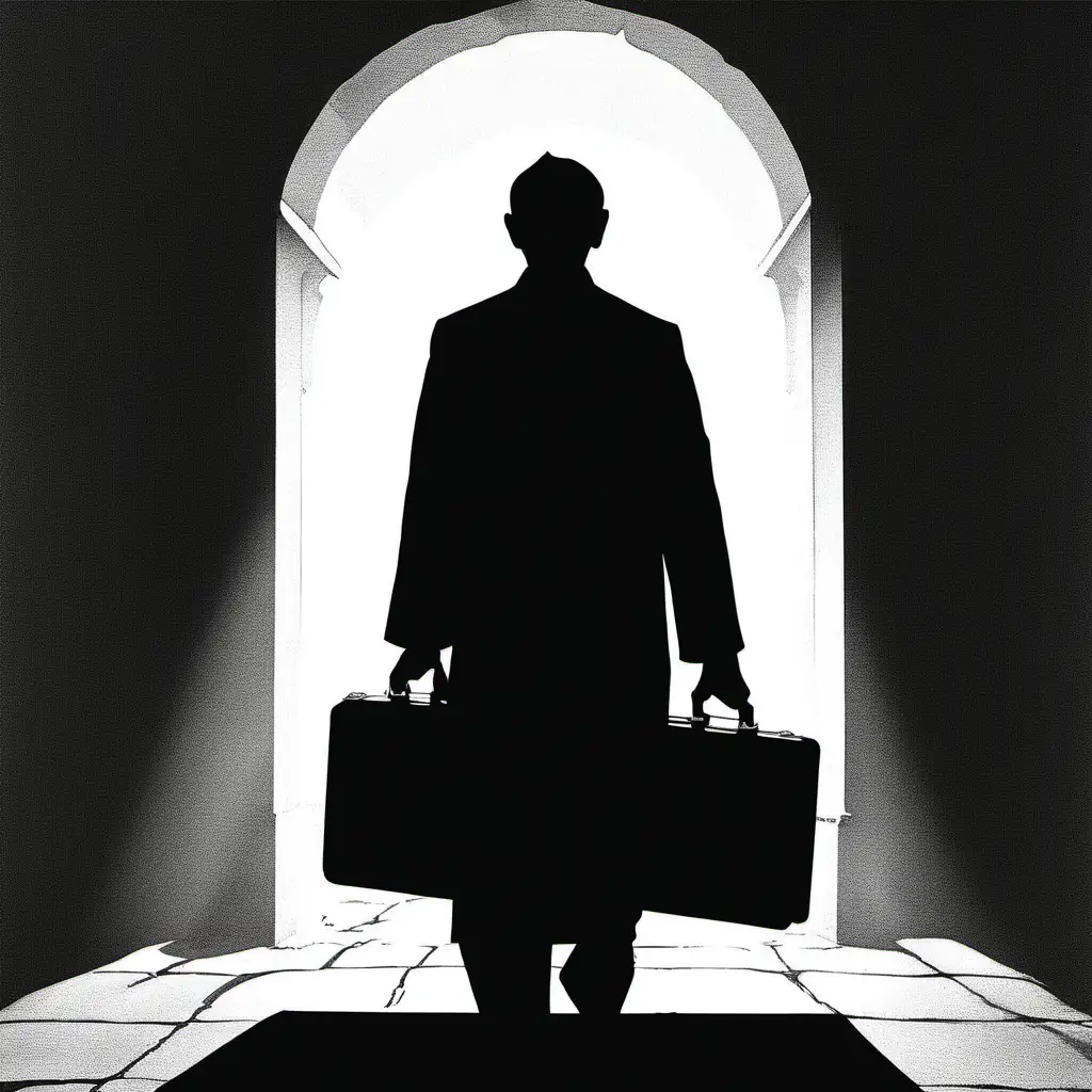 simple black and white color book shadow image of back of priest  holding one briefcase from 'The Exorcist' 