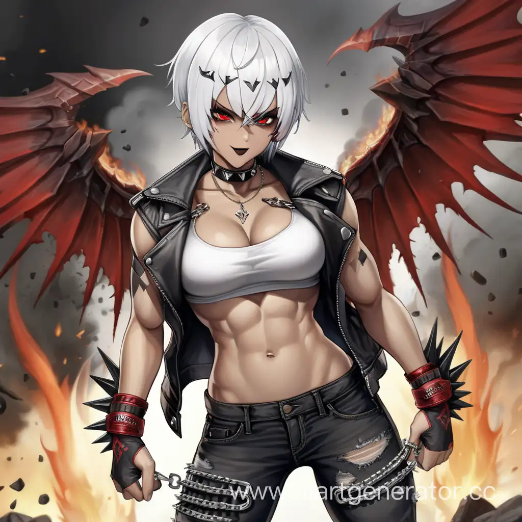 Battle Field, 1 Person, Women, Human, White hair, Short hair, Spiky Hairstyle, Dark Brown Skin, Black Burning Wings, White Jacket, White Shirt, Black Jeans, Choker, Burning Chains, Black Lipstick, Serious Smile, Scarlet Red-eyes, Sharp Eyes, Big Breasts,  Flexing Muscles, Muscular Arms, Muscular Legs, Well-toned Body, Muscular Body, Red Smoke, 