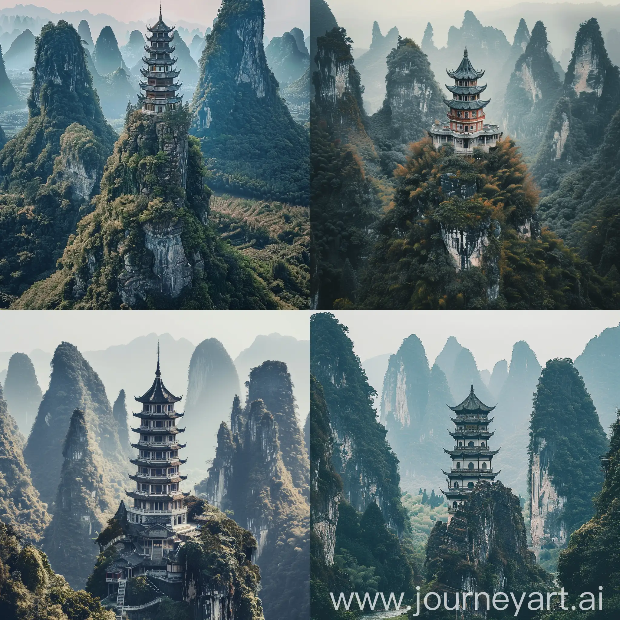 a large pagoda -like building on a tall mountain (like the mountains in yangshuo) surrounded by other tall mountains