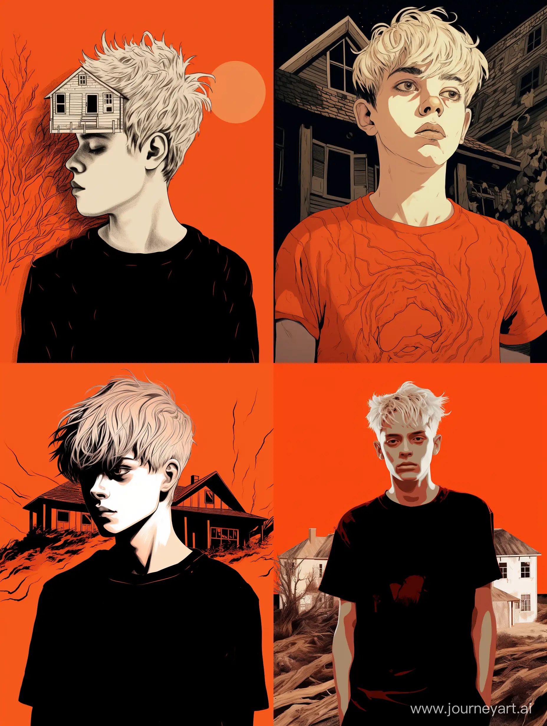 White haired round headed teen with orange shirt. House with black roots digging into his head. Horror, black and red.