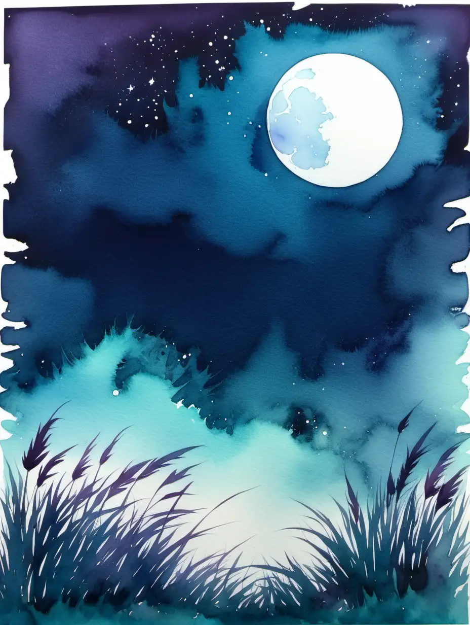 night sky, watercolor, moon in the upper right, dark blues, turquoise and purples, silhouette of grass on the bottom, blank space in the middle
