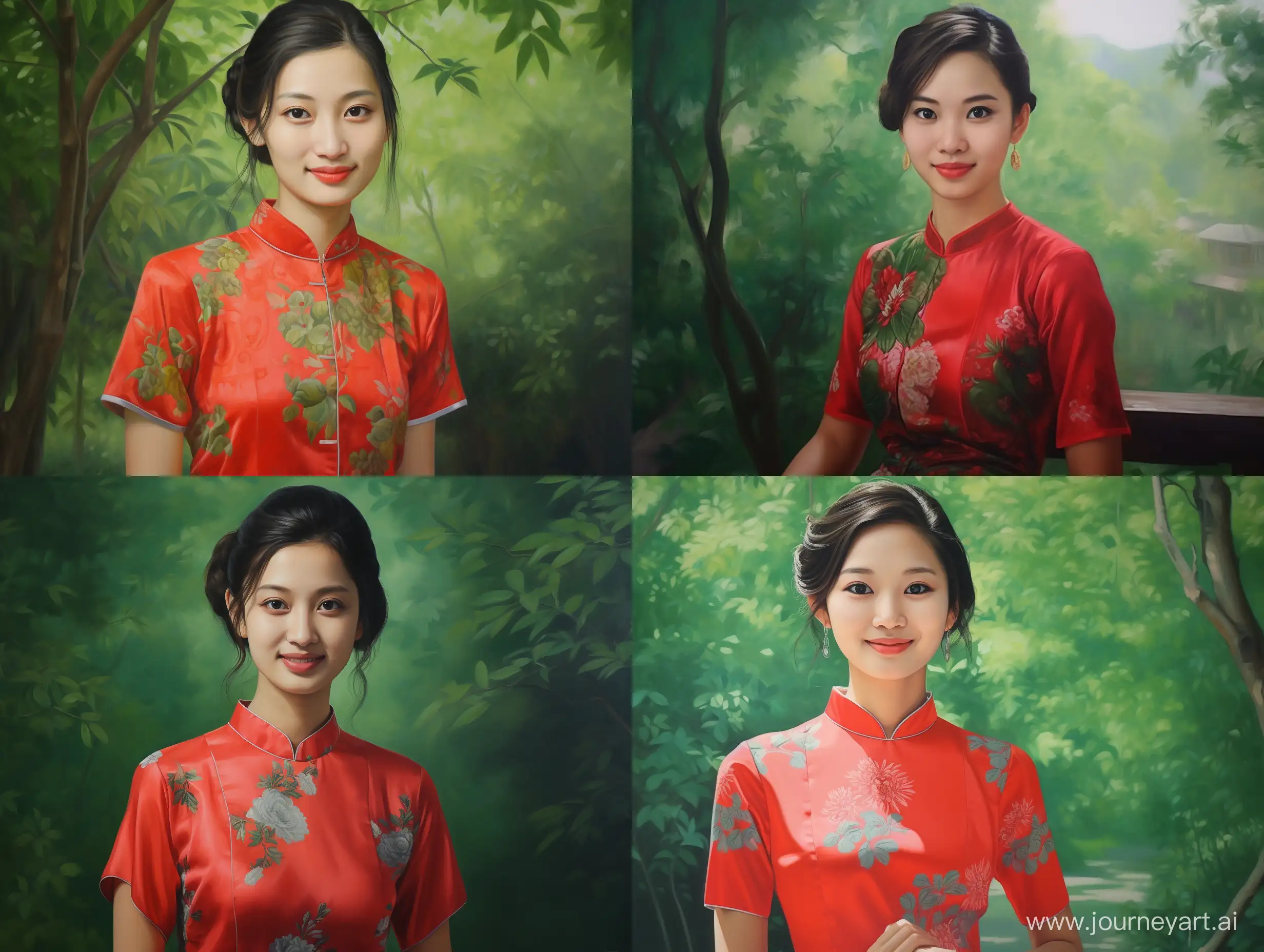 1girl, beautiful, Guangzhou Xiguan lady, (cheongsam:1.2), smiling at the camera, full body, green background, front view, (red:1.3)

