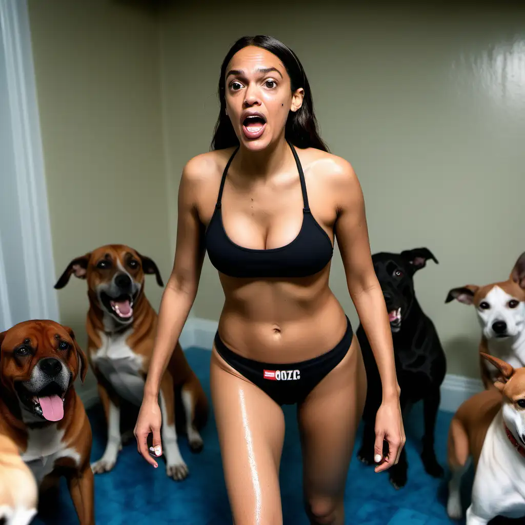 Alexandria ocasio Cortez topless wearing a thong bikini bottom covered in sweat with an expression of sexual pleasure on her face in a room full of dogs